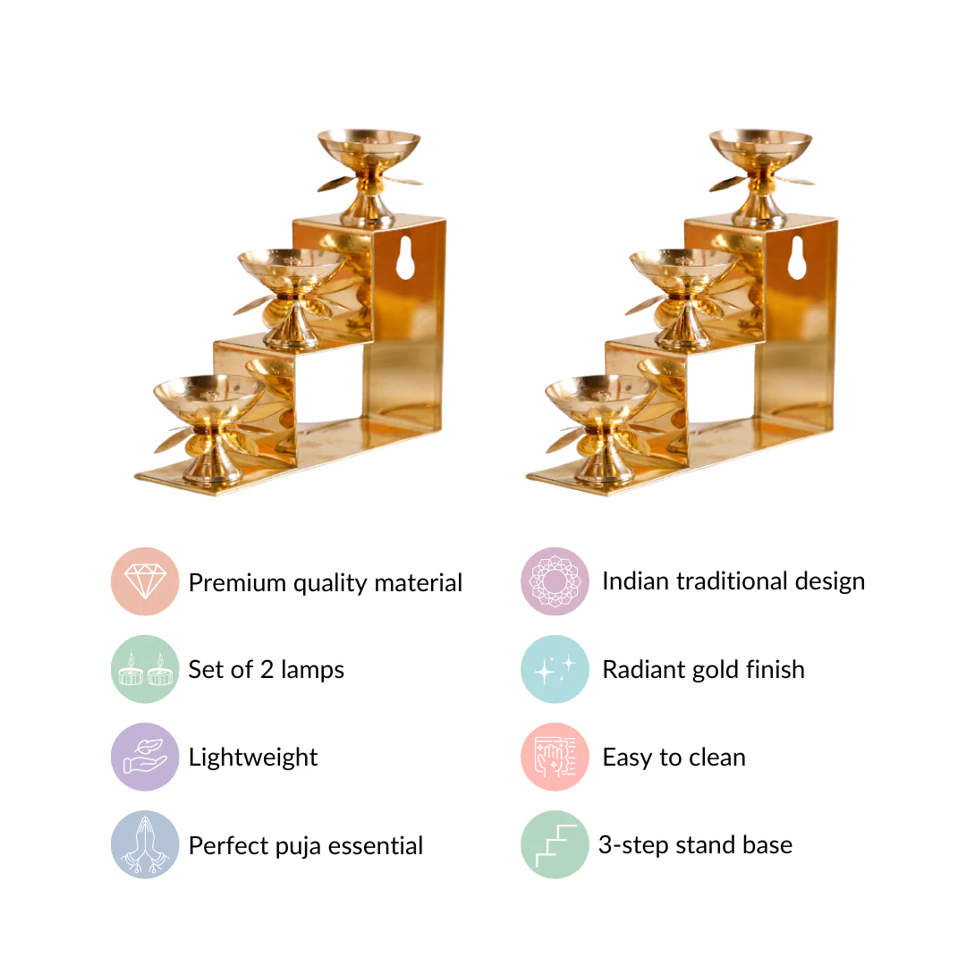 Brass Step Decorative Flower Diya Stand Set Of 2 Gold - Image 5