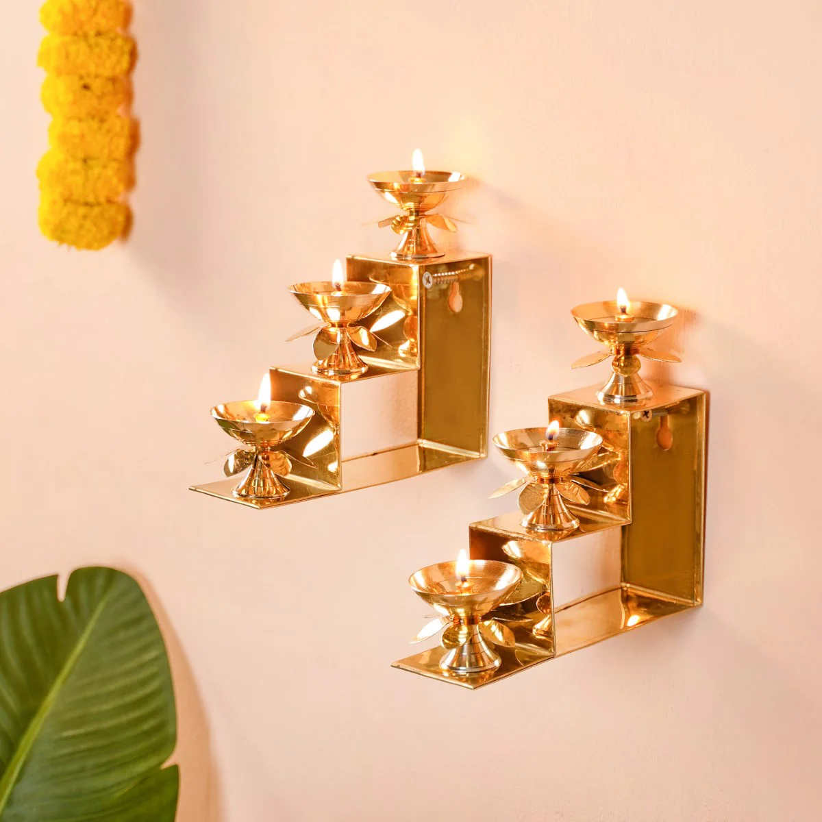 Brass Step Decorative Flower Diya Stand Set Of 2 Gold - Image 9