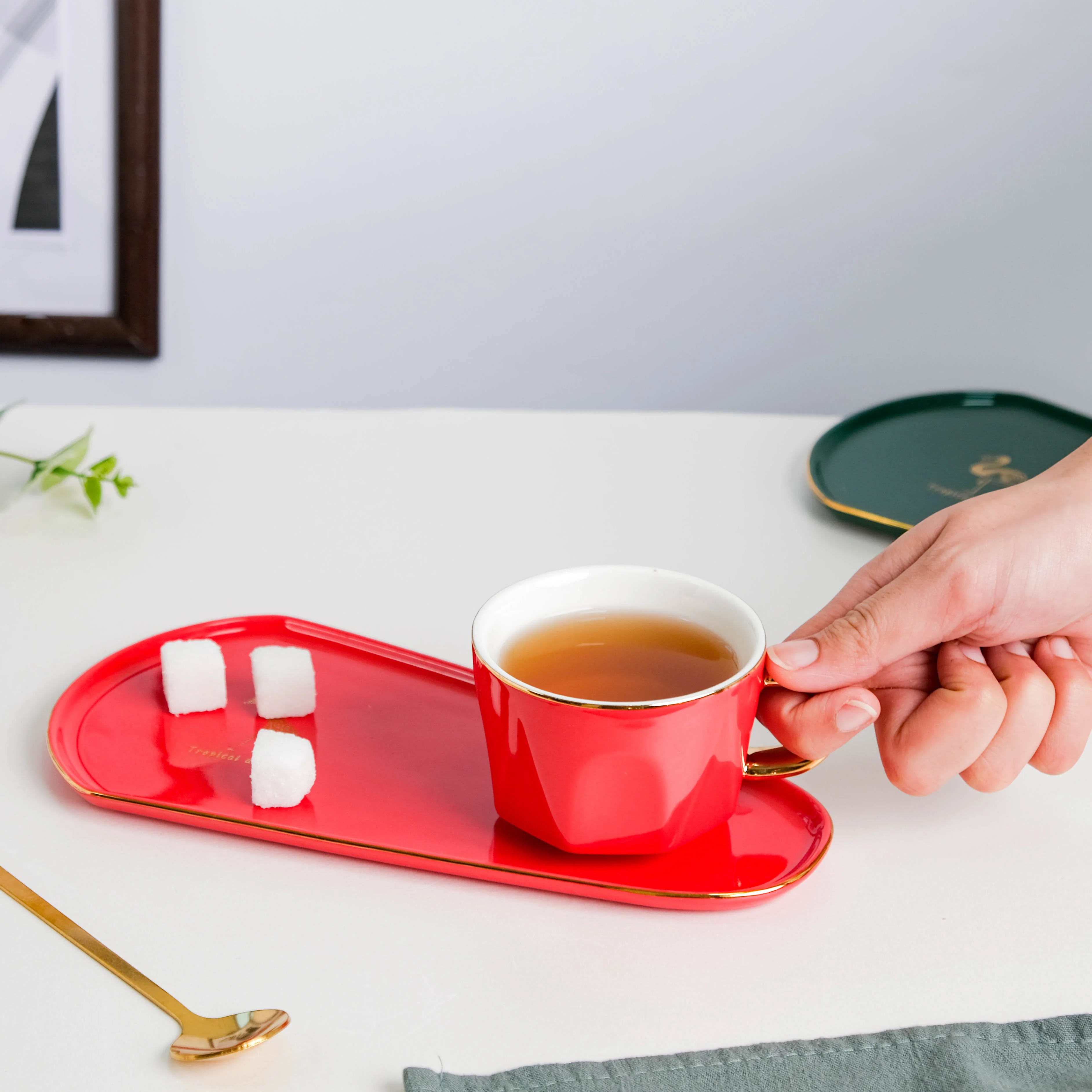Brewtiful Glazed Ceramic Cup and Tray Set Red 150 ml - Image 4