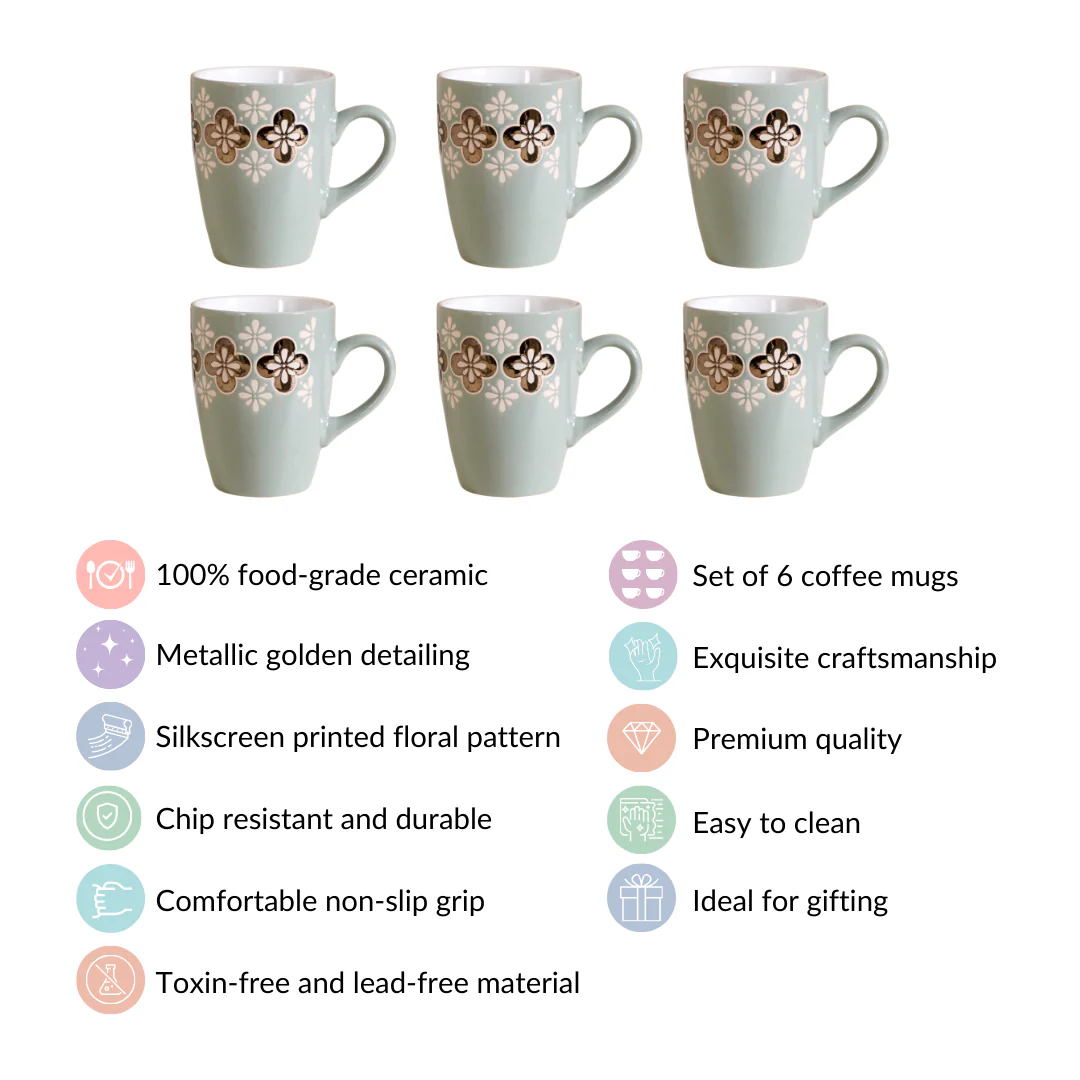 Bronze Flowers Sage Blue Coffee Mug Set Of 6 350ml - Image 5
