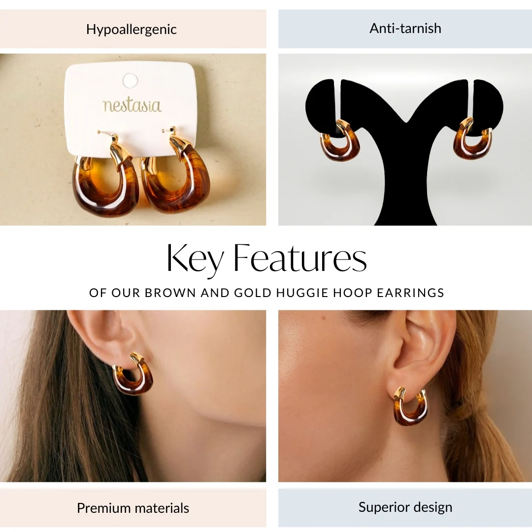 Brown And Gold Huggie Hoop Earrings - Image 4