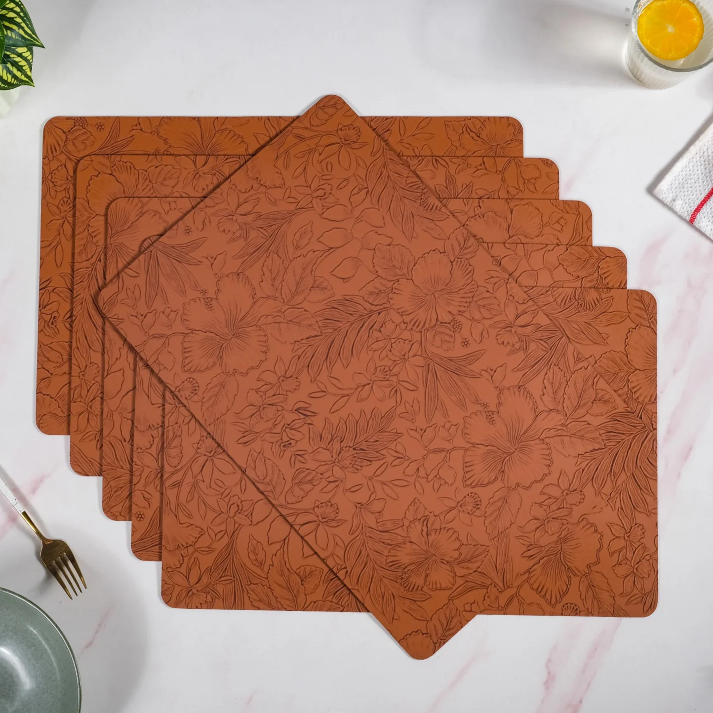 Brown Embossed Hibiscus Rectangular Placemats Set Of 6 - Image 6