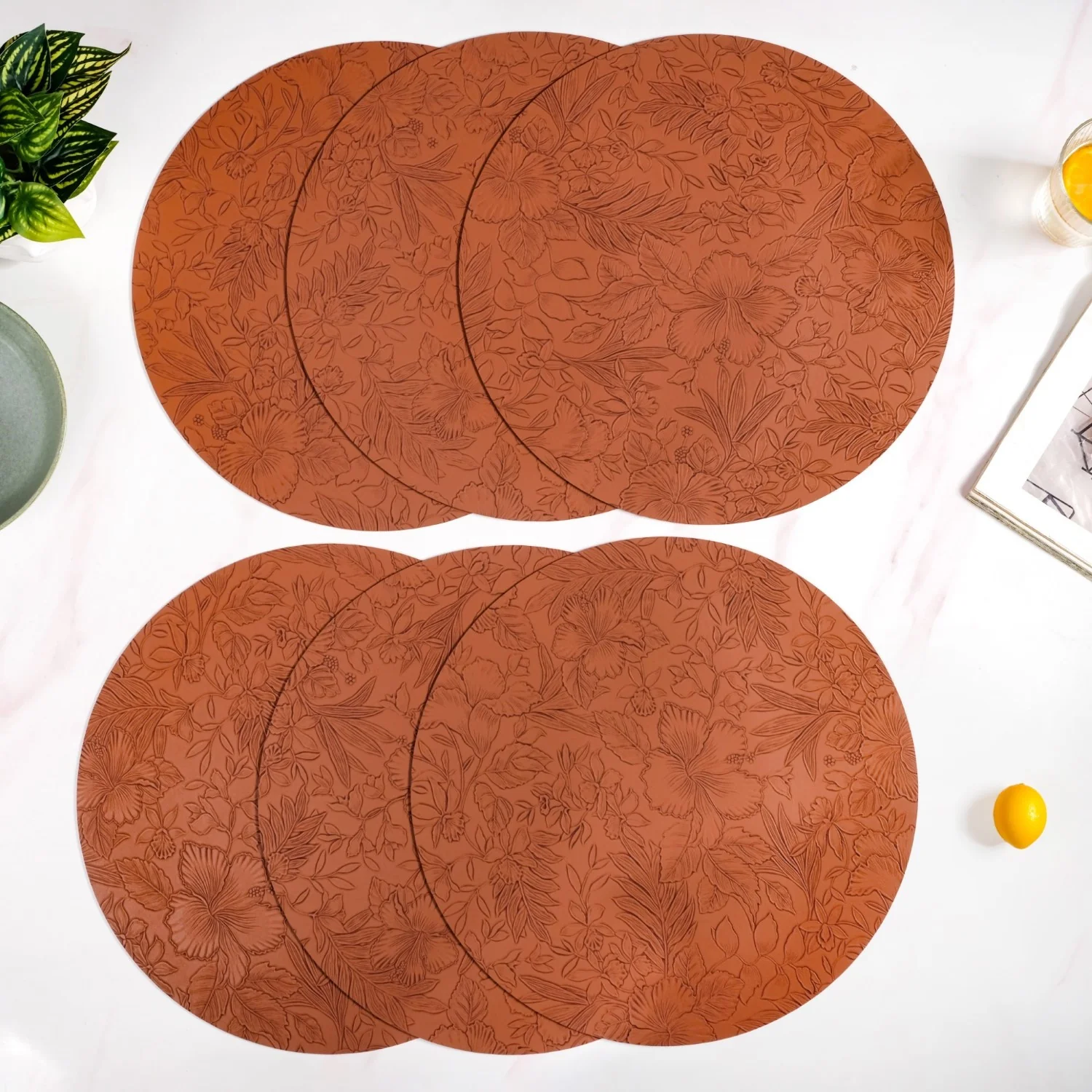 Brown Embossed Hibiscus Round Placemats Set Of 6 - Image 6
