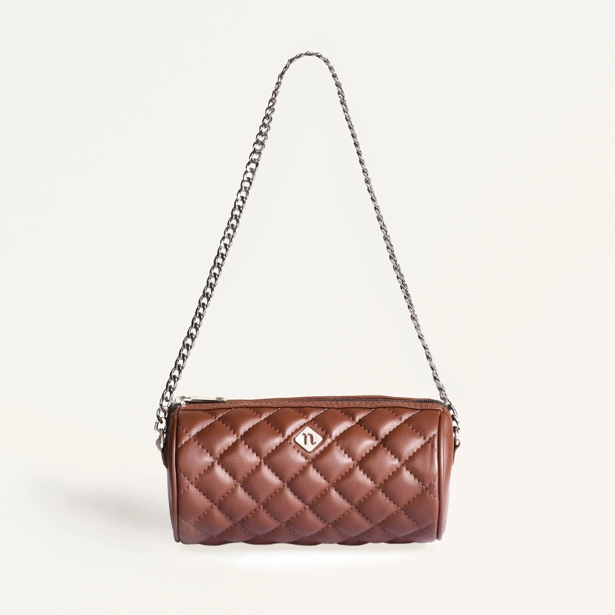Brown Mini Barrel Bag With Sling Chain - Image 10