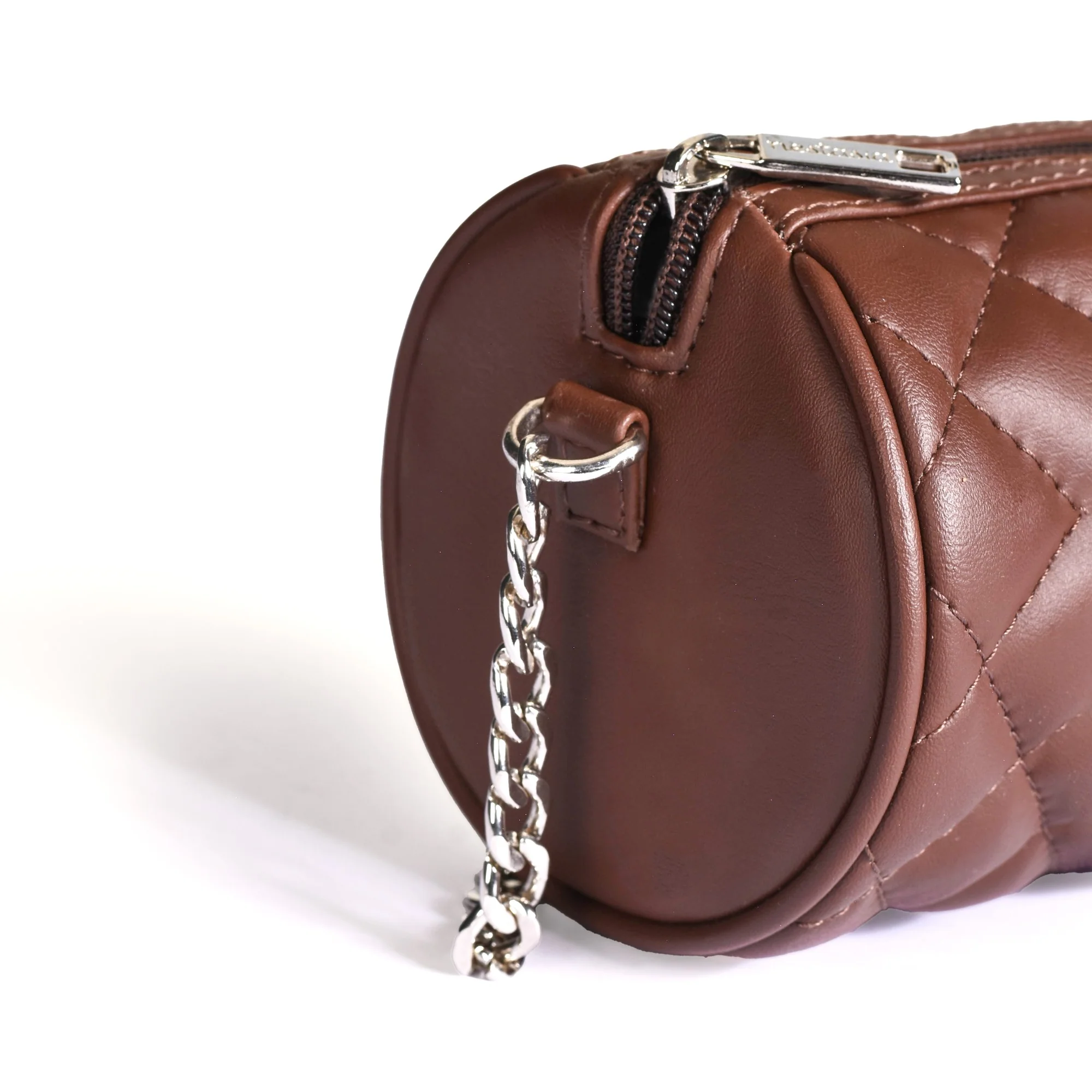 Brown Mini Barrel Bag With Sling Chain - Image 8