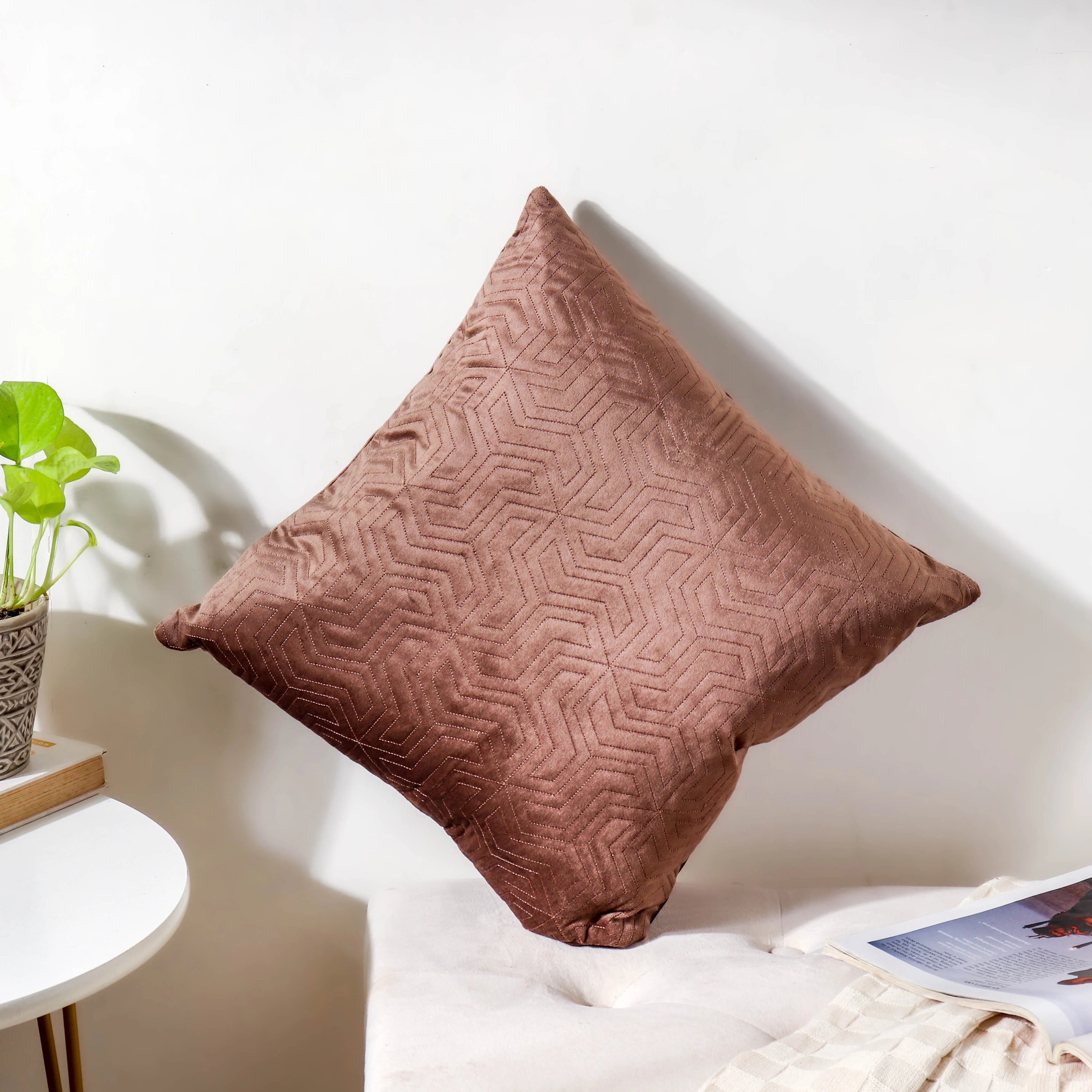Brown Quilted Velvet Cushion Cover 16 inch - Image 2