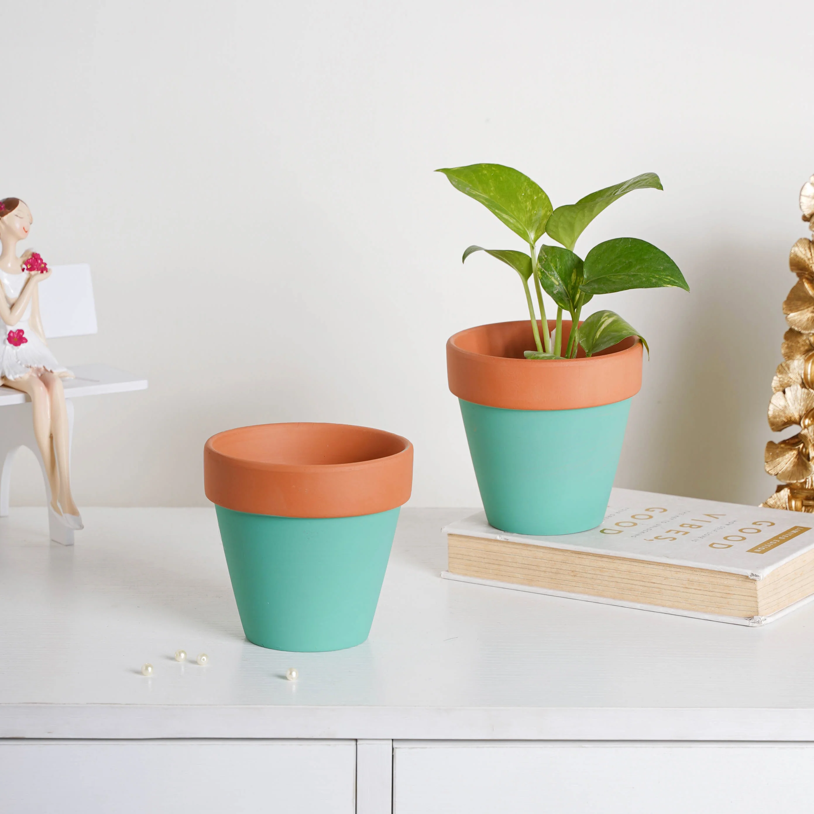 Brown Rim Green Clay Pot Set Of 2