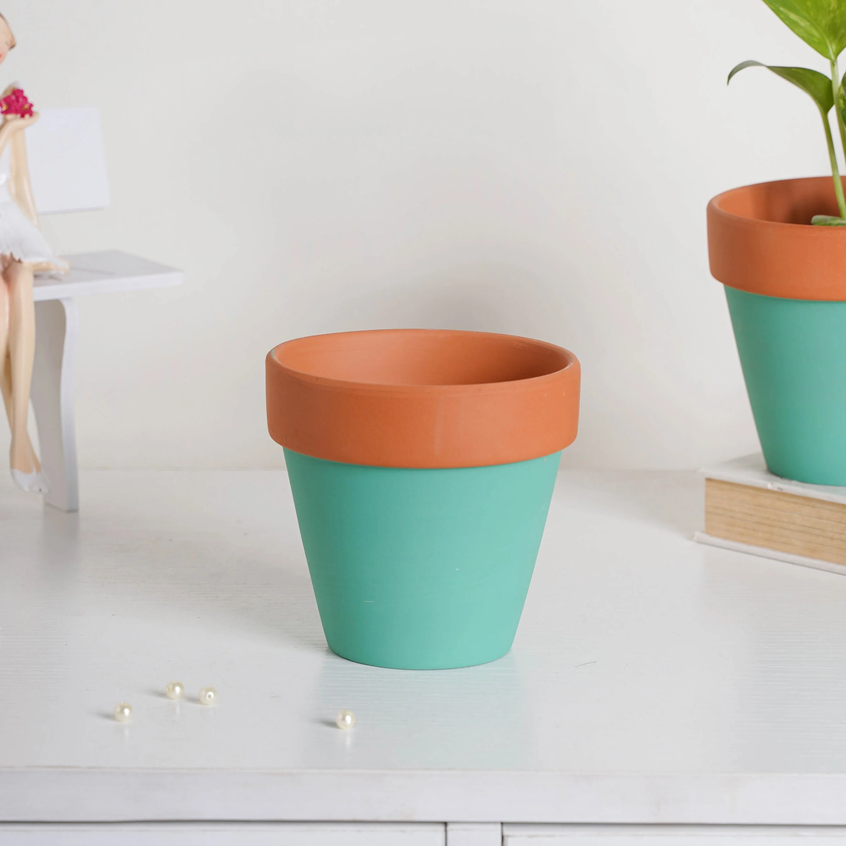 Brown Rim Green Clay Pot Set Of 2 - Image 4