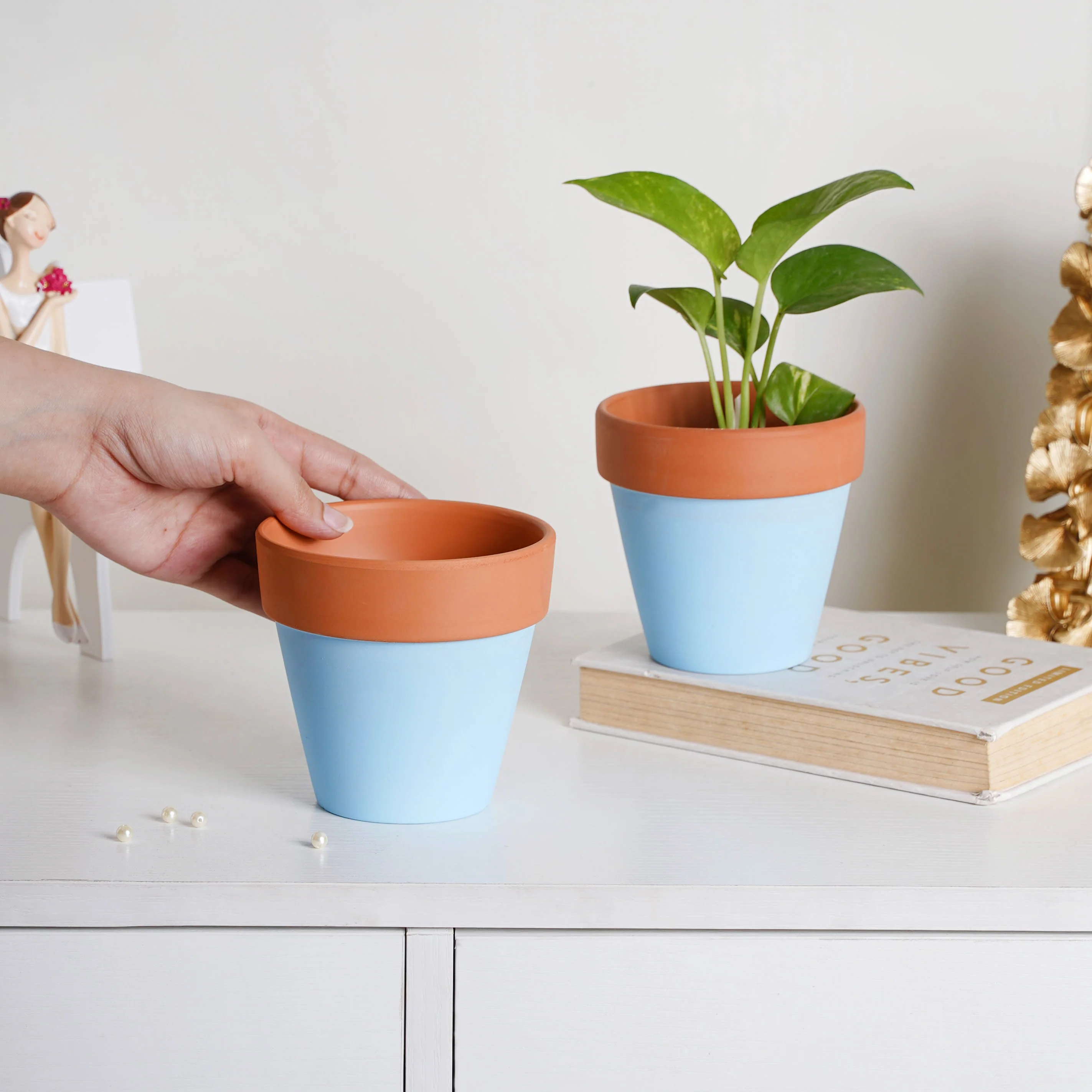 Brown Rim Sky Blue Clay Pot Set Of 2 - Image 2