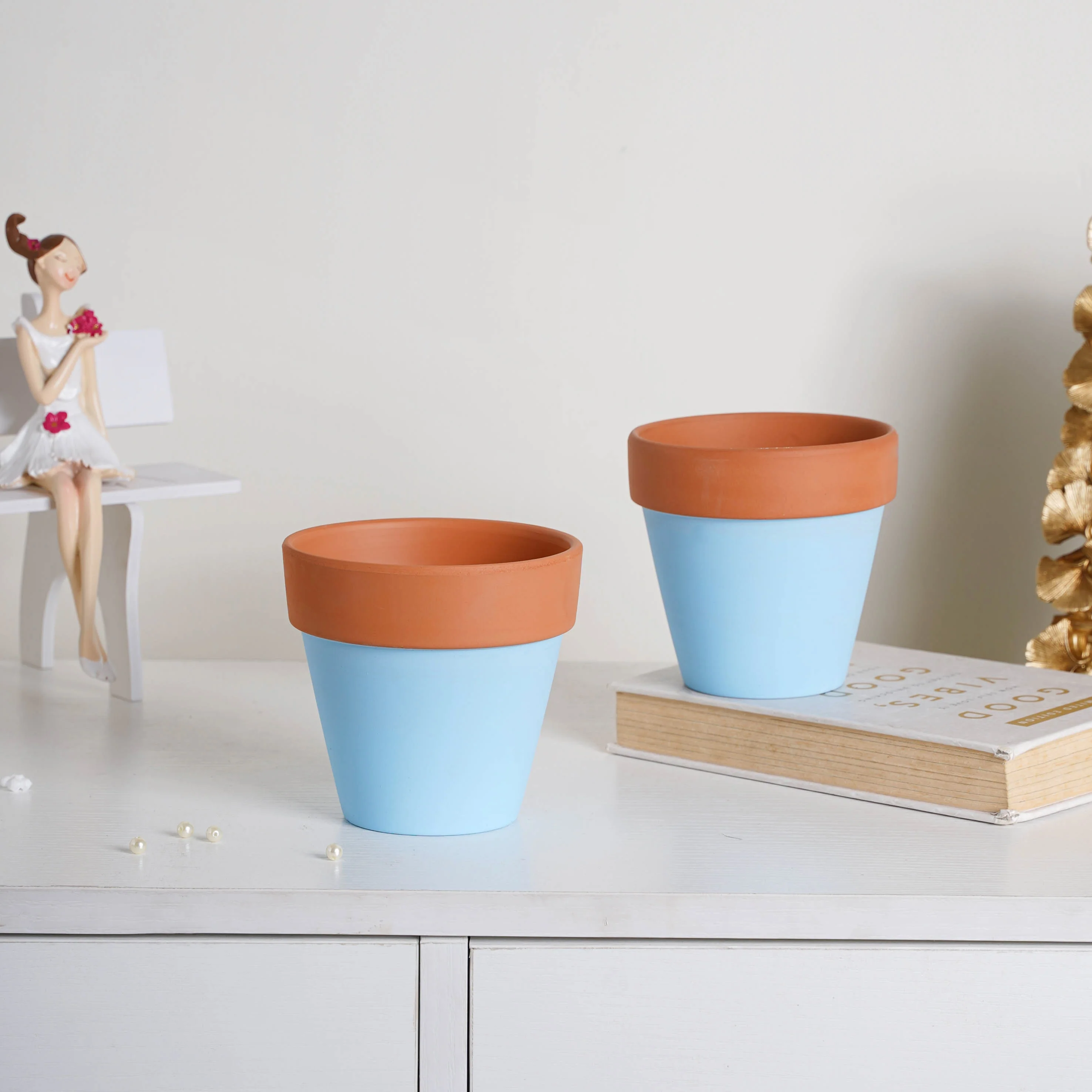 Brown Rim Sky Blue Clay Pot Set Of 2 - Image 4
