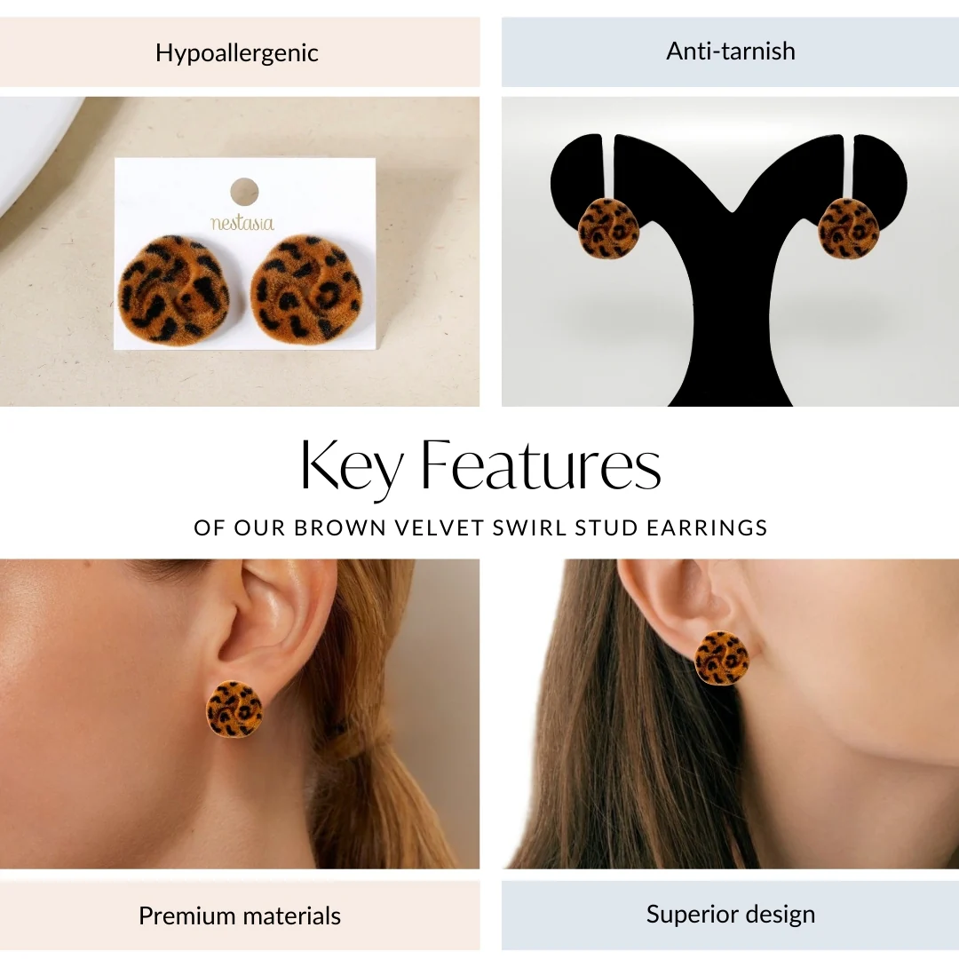 Brown Velvet Swirl Stud Earrings - Image 4