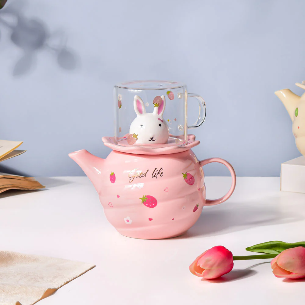 Bunny Tea Cup And Kettle Pink