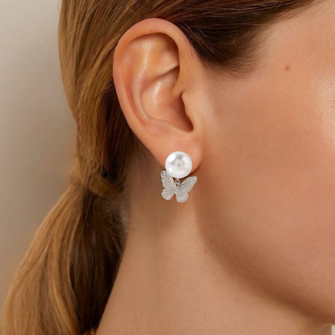 Butterfly Charm Pearl Stud Earrings - Image 2