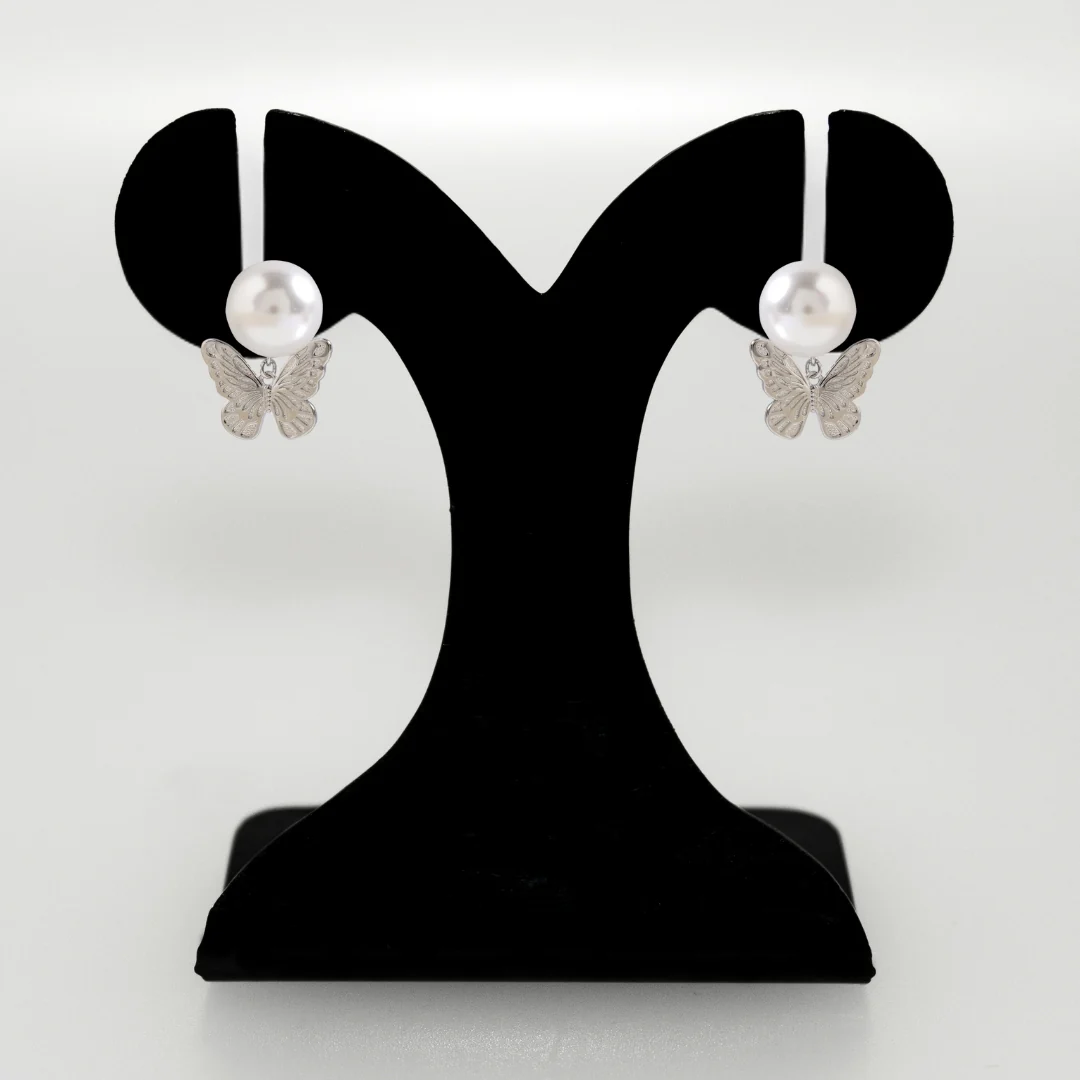 Butterfly Charm Pearl Stud Earrings - Image 6