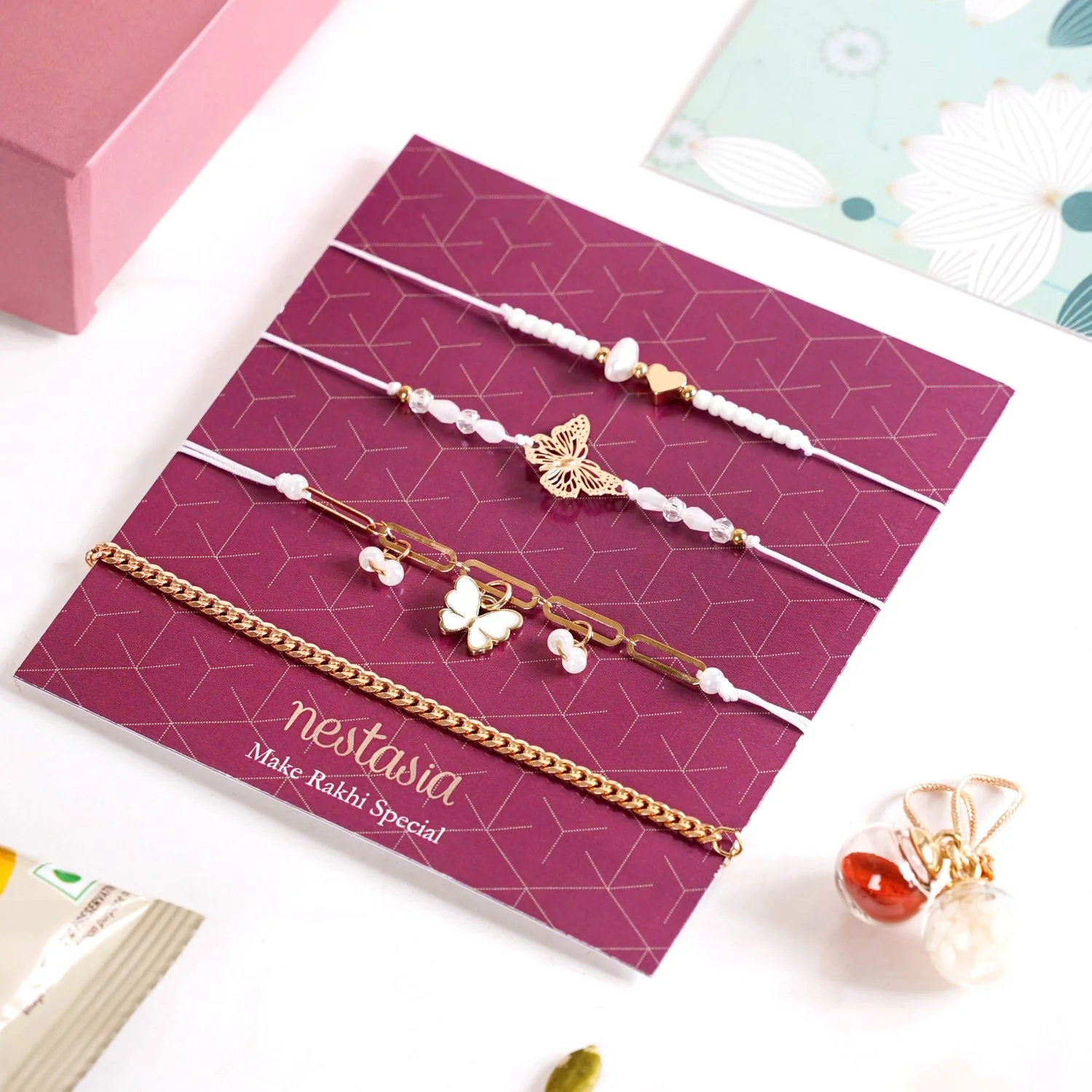 Butterfly Gold Chain Rakhi Gift Set Of 6 With Box And Card - Image 3