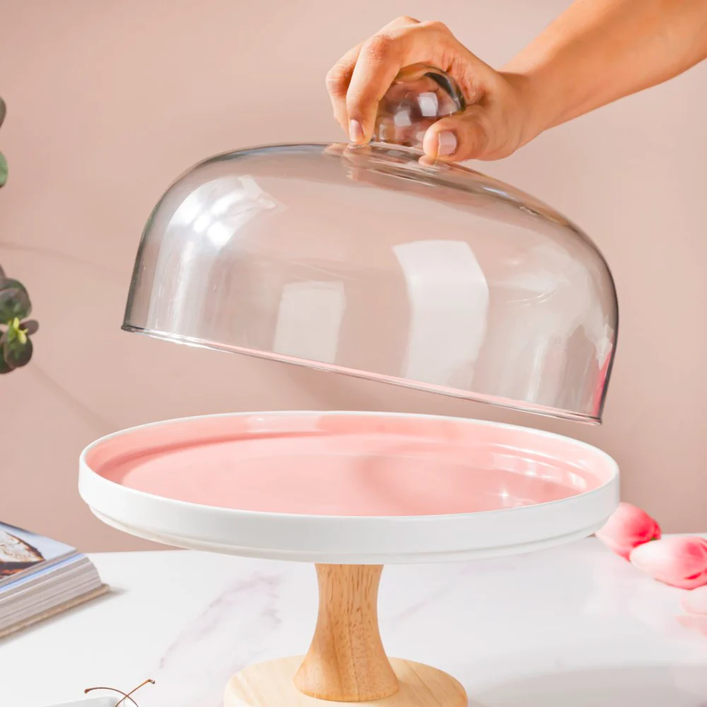 Cake Stand With Cloche Pink 9.5 Inch - Image 4