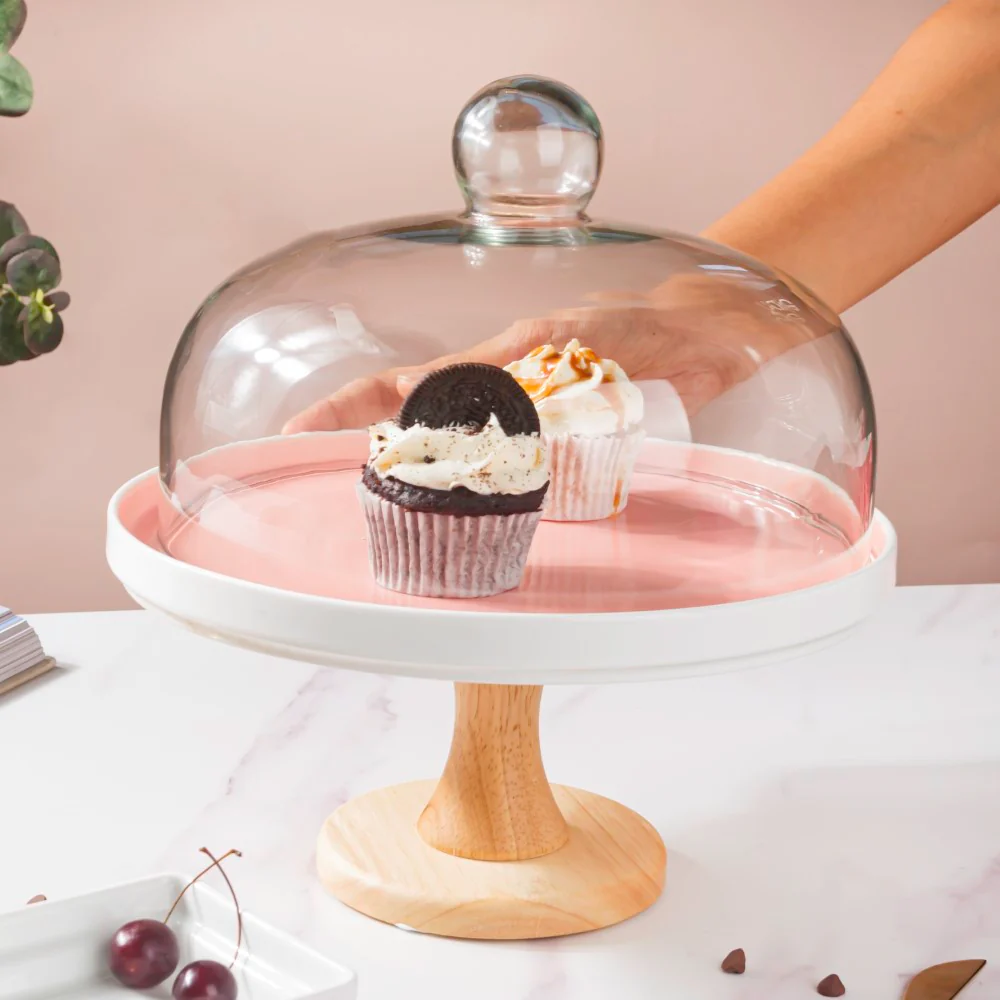 Cake Stand With Cloche Pink 9.5 Inch - Image 5