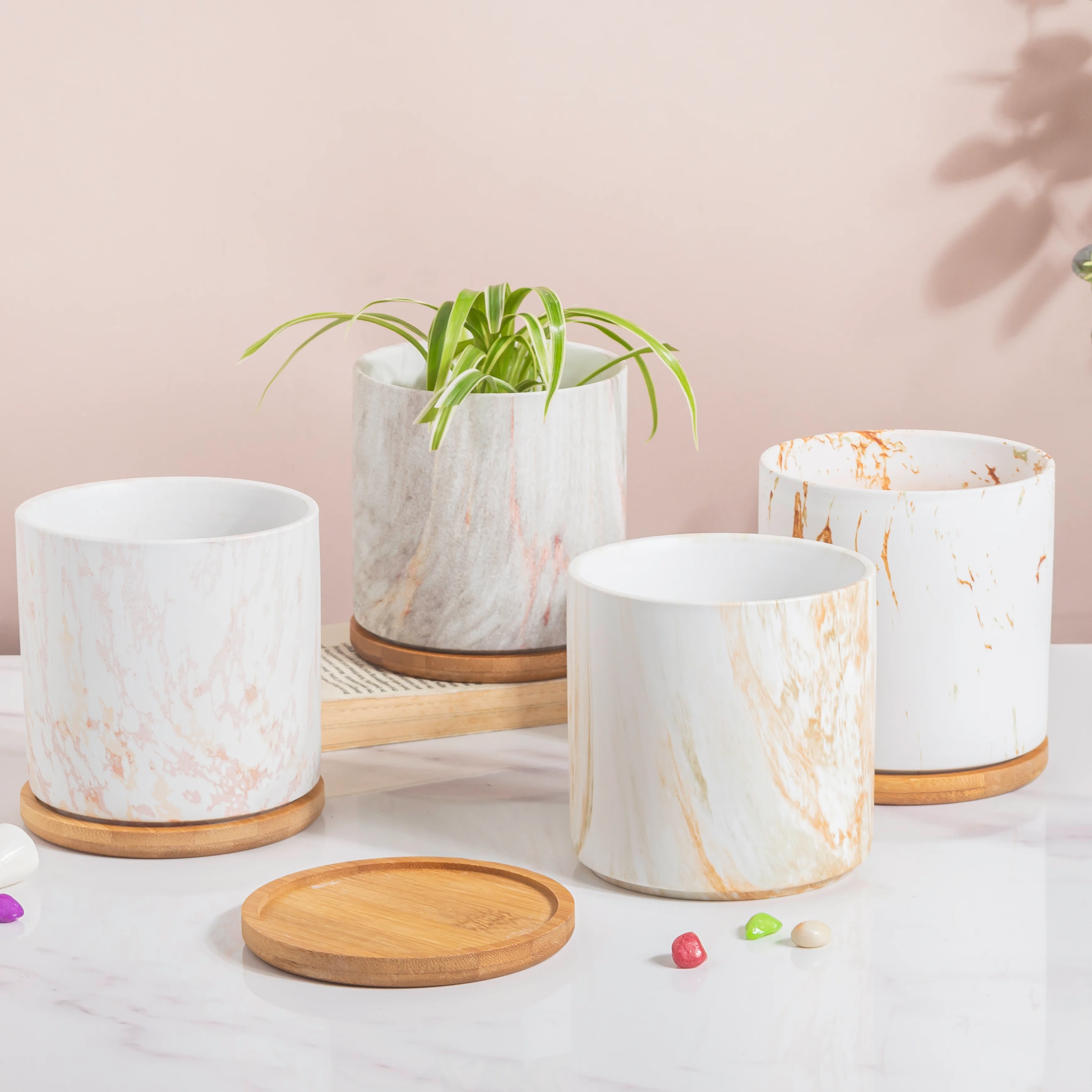 Carrara Brown Streak White Ceramic Planter With Wooden Coaster - Image 10