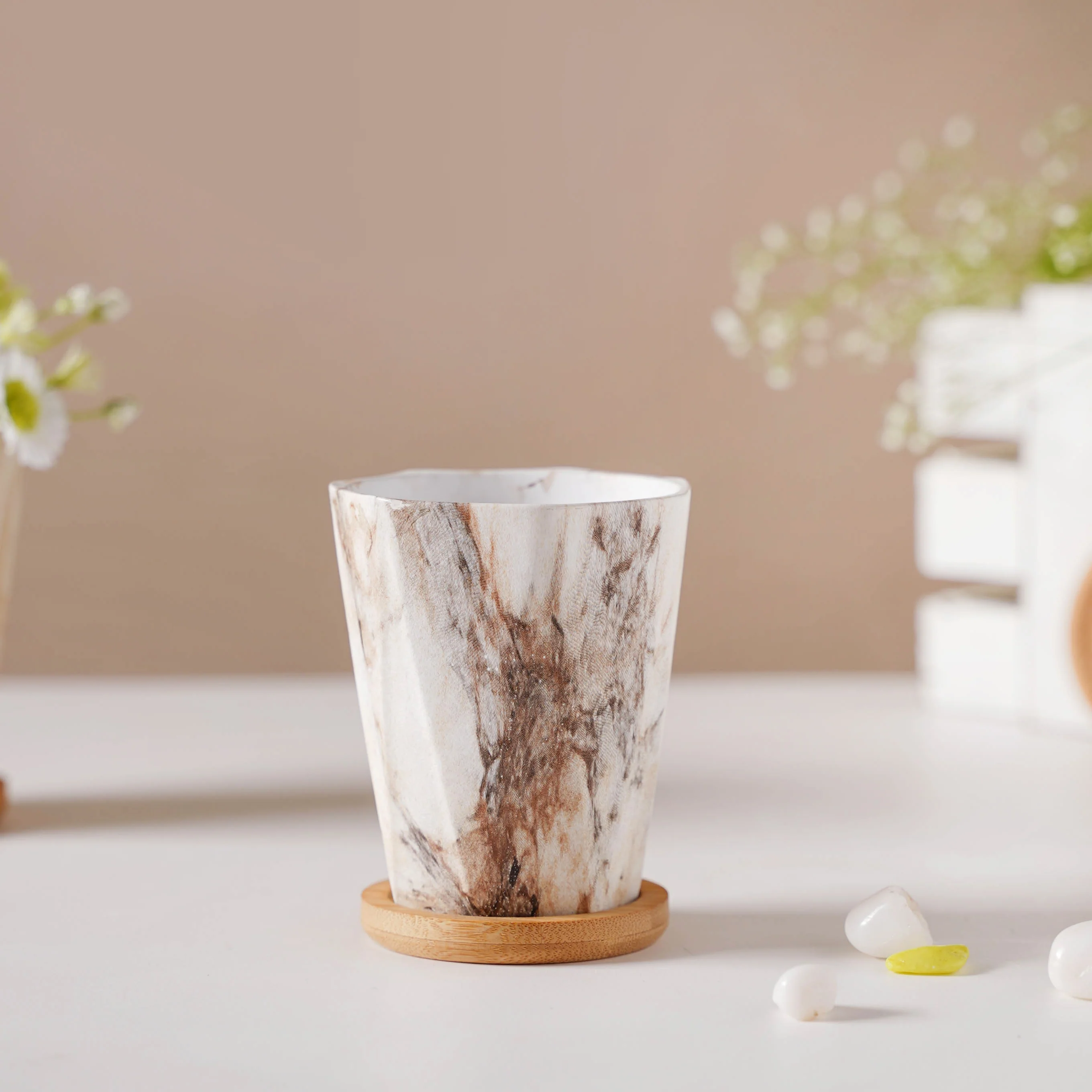 Carrara Marble Brown Planter With Coaster