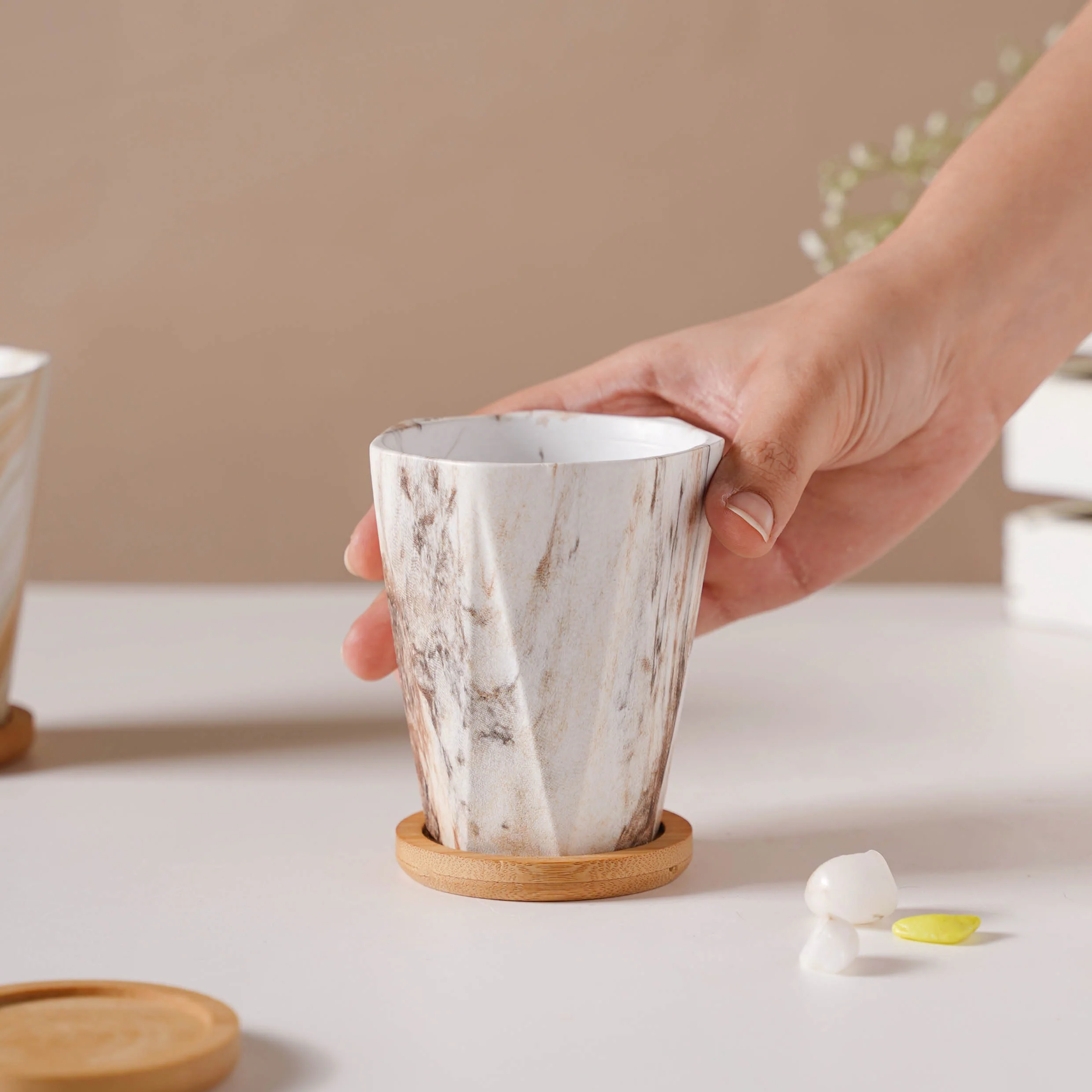 Carrara Marble Brown Planter With Coaster - Image 2