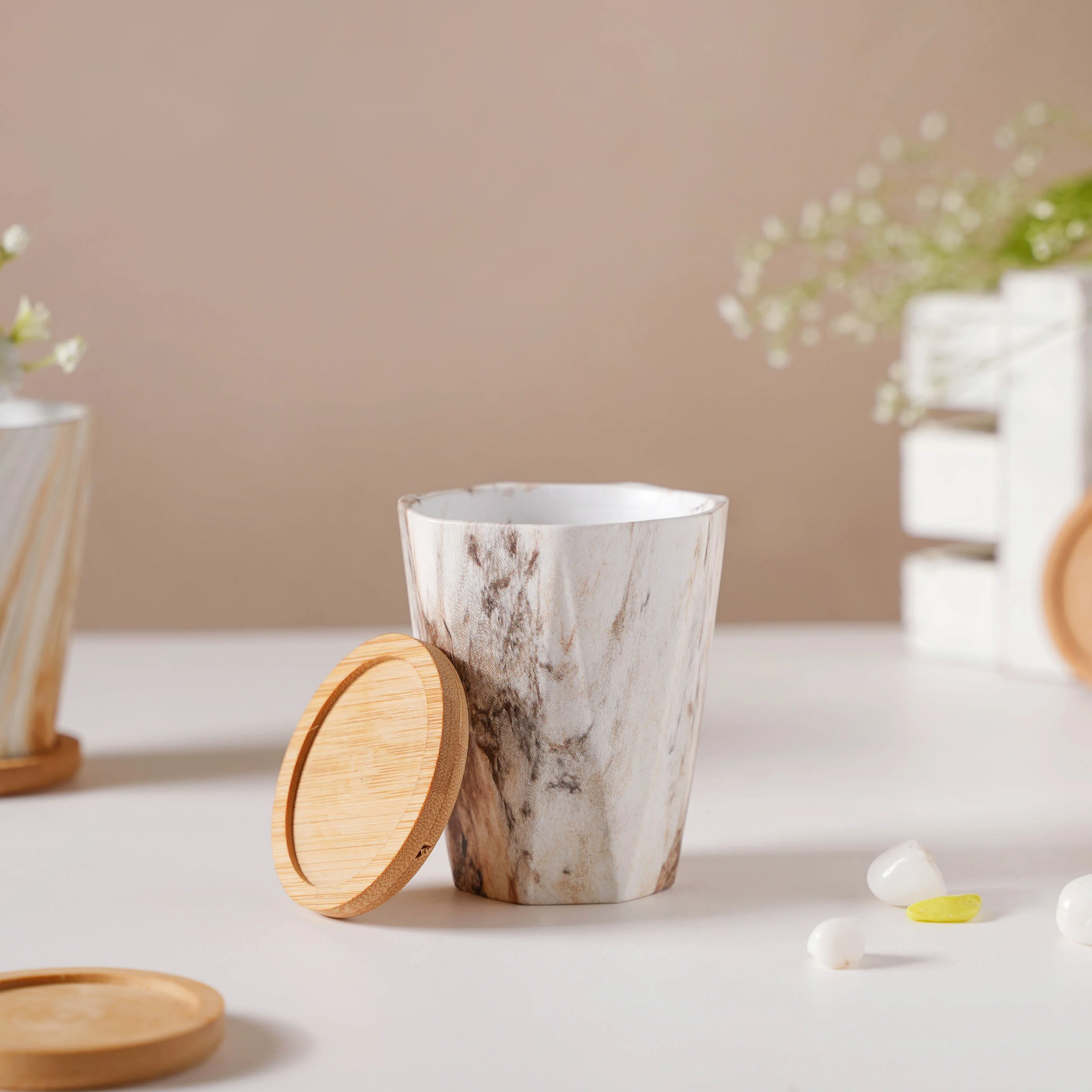 Carrara Marble Brown Planter With Coaster - Image 6