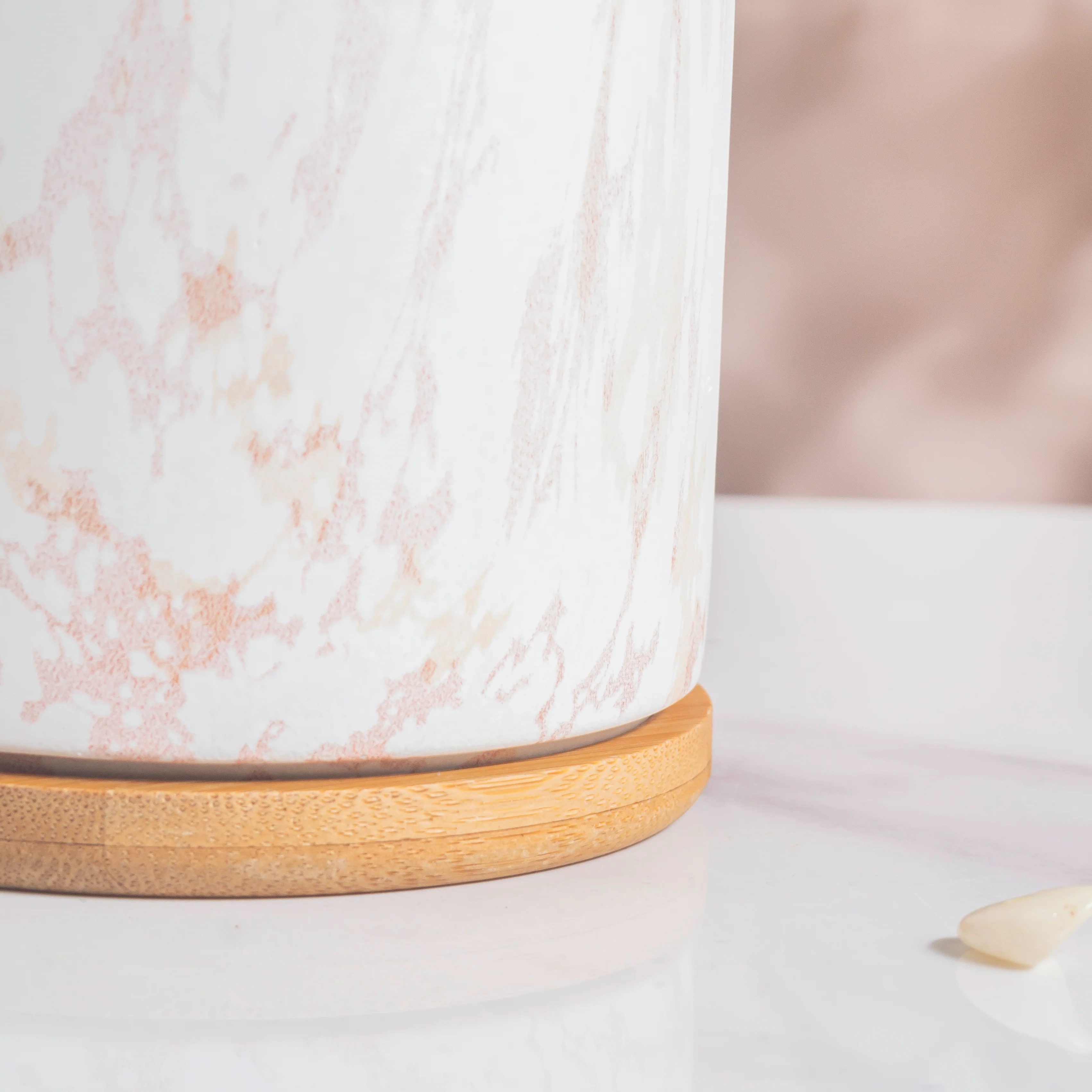 Carrara White And Brown Ceramic Planter With Wooden Coaster - Image 7