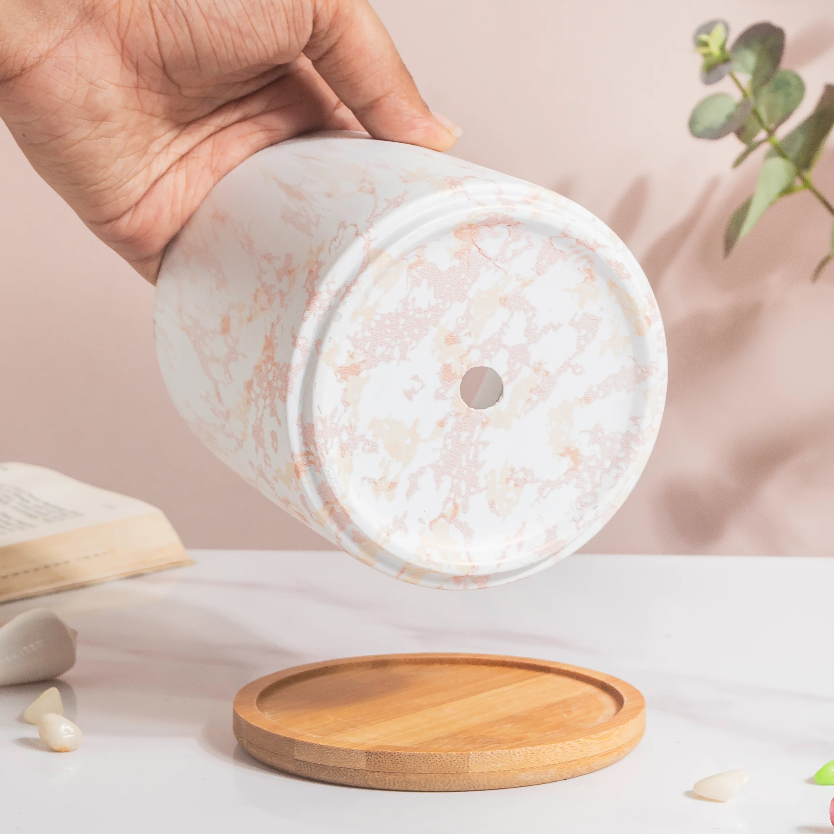 Carrara White And Brown Ceramic Planter With Wooden Coaster - Image 8
