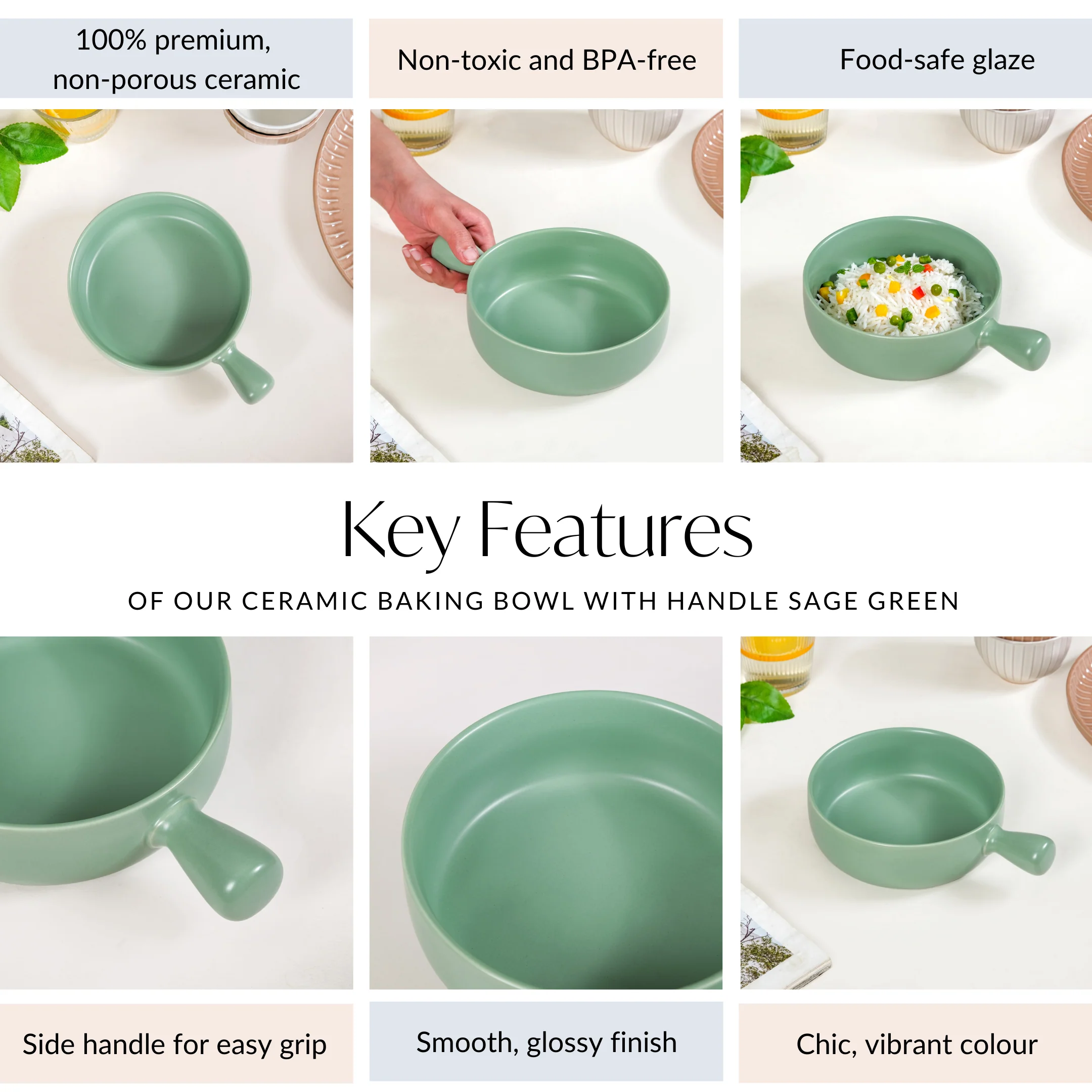 Ceramic Baking Bowl With Handle Sage Green 700ml - Image 5