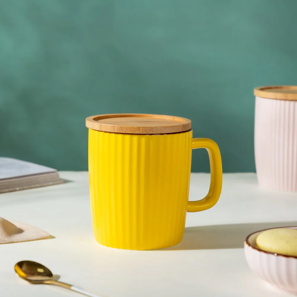 Ceramic Mug with Wooden Lid Yellow - Image 6