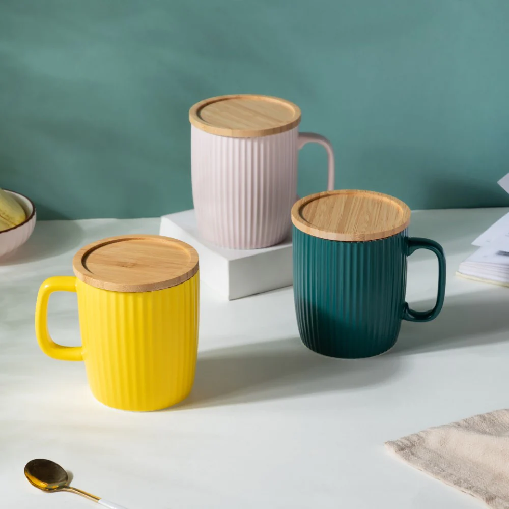 Ceramic Mug with Wooden Lid Yellow - Image 7