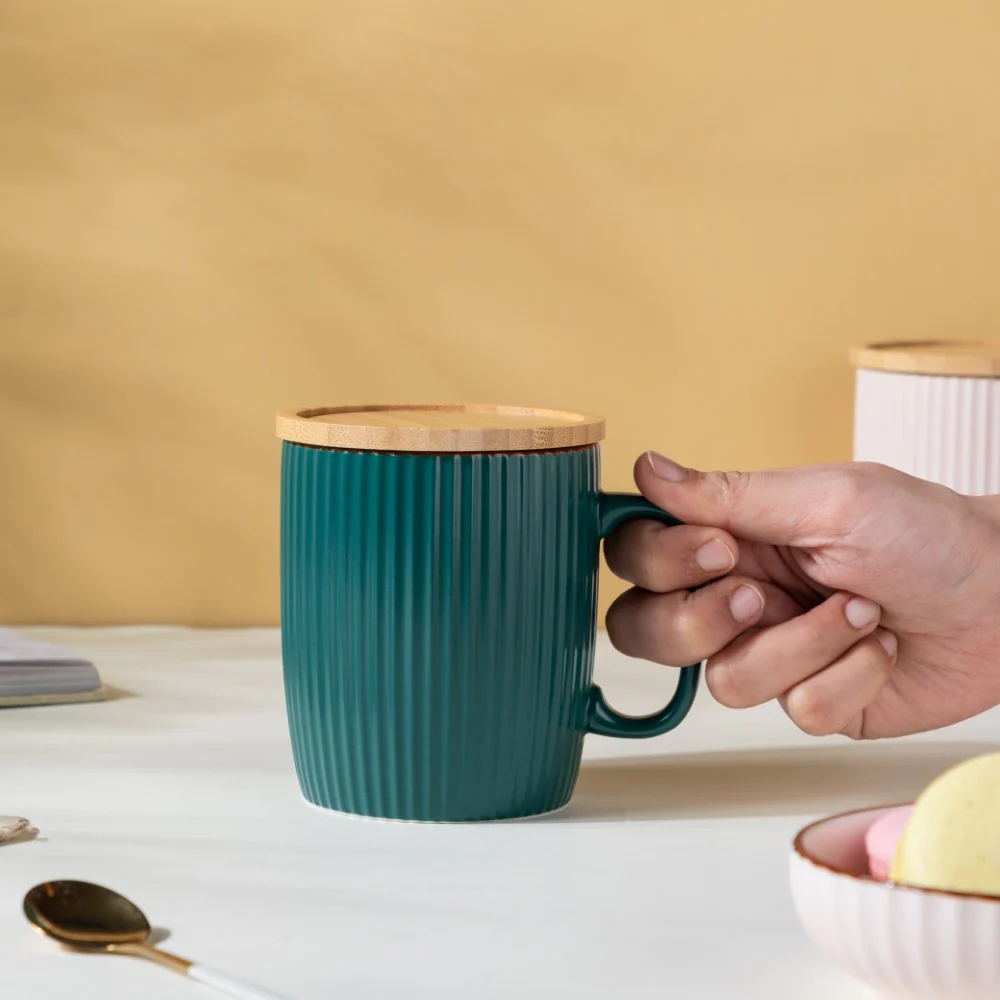 Ceramic Mug with Wooden Lid Green - Image 5