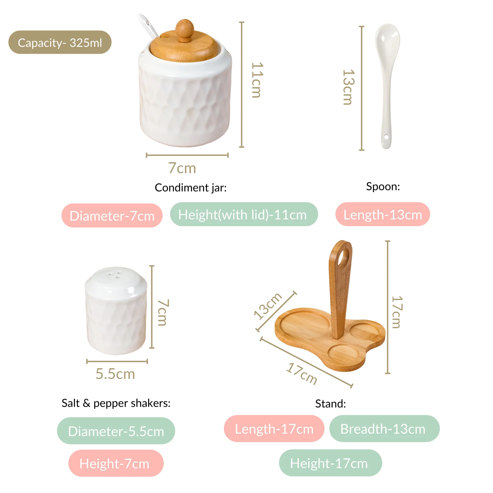 Ceramic Seasoning Jars Set Of 3 With Spoon And Wooden Stand - Image 4