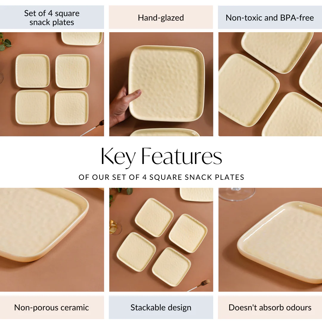 Ceramic Square Snack Plate Vanilla White Set Of 4 8 Inch - Image 4