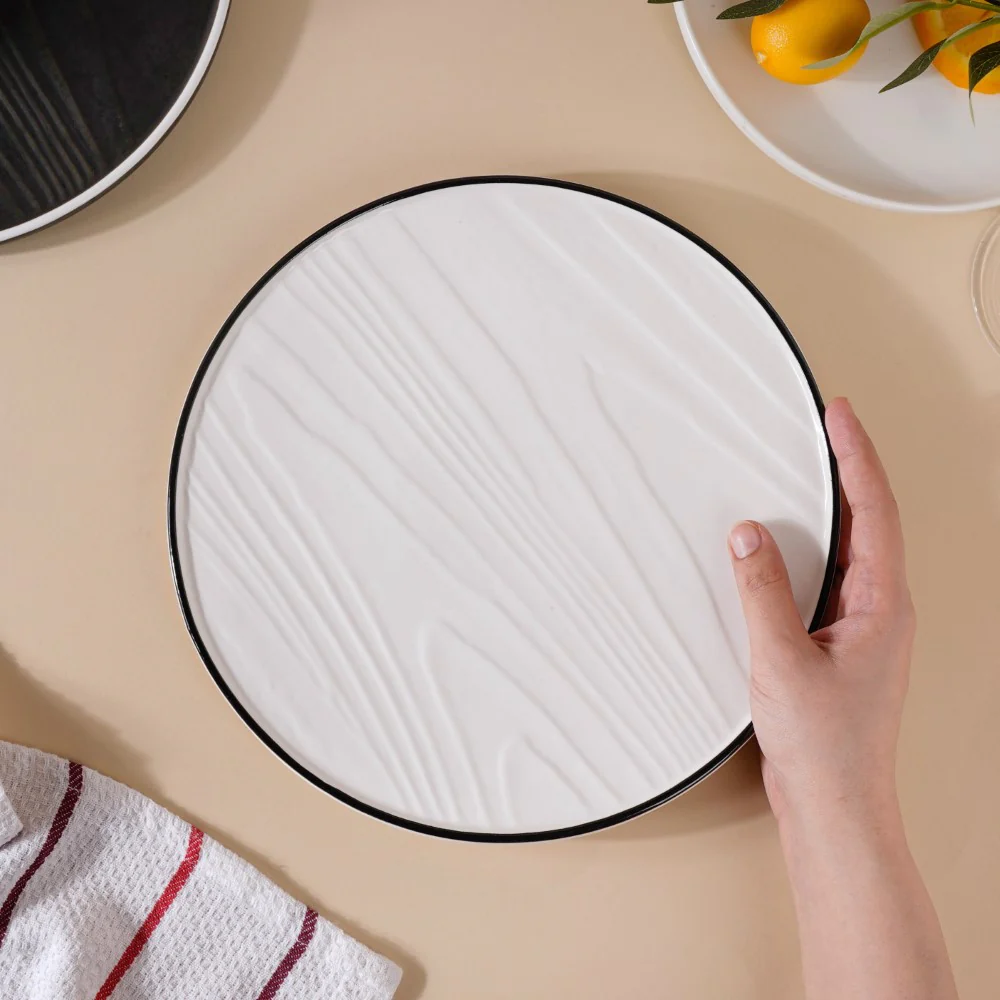 Ceramic Wooden Texture Round Platter White 9.5 Inch - Image 2