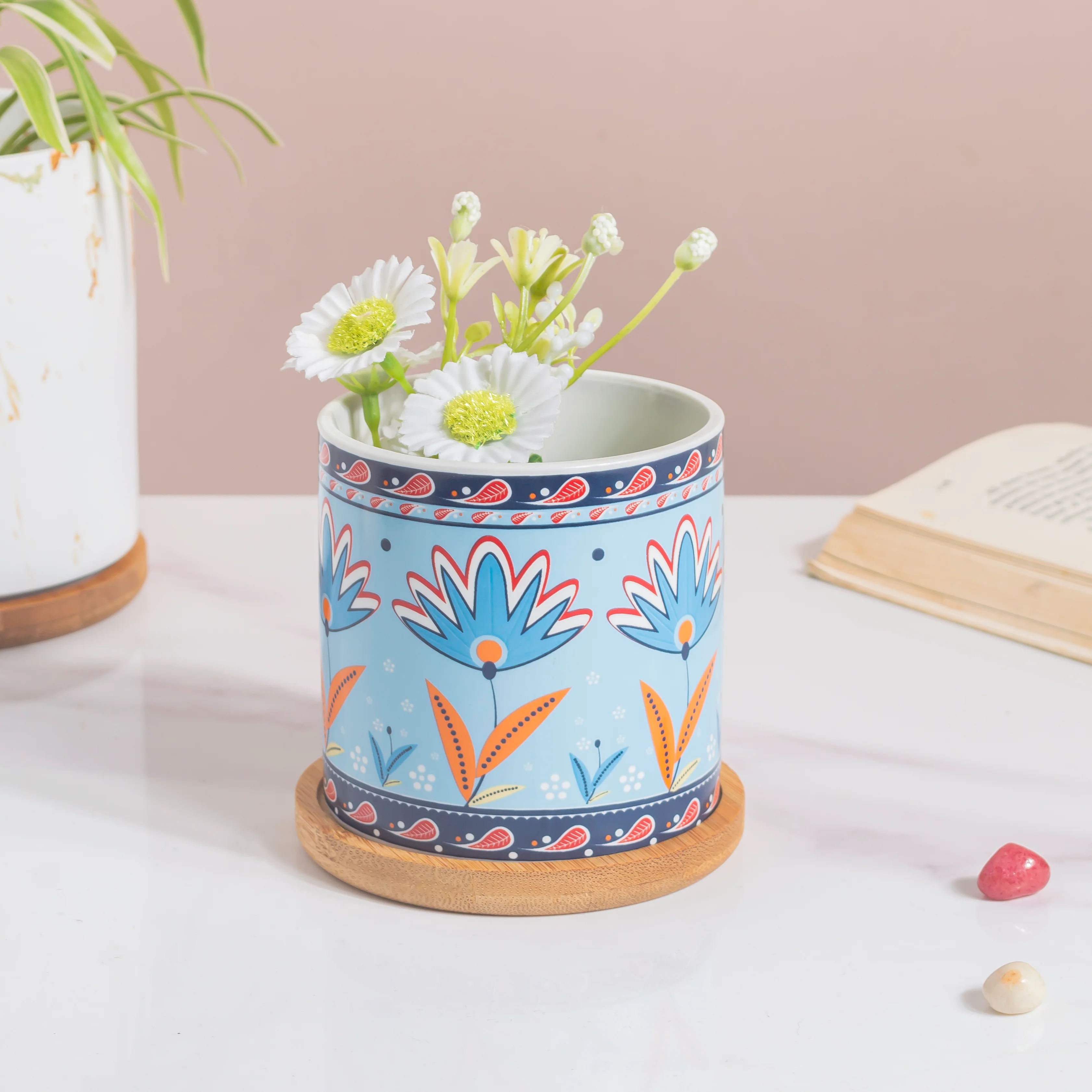 Cerulean Bloom Botanical Planter With Wooden Coaster - Image 3