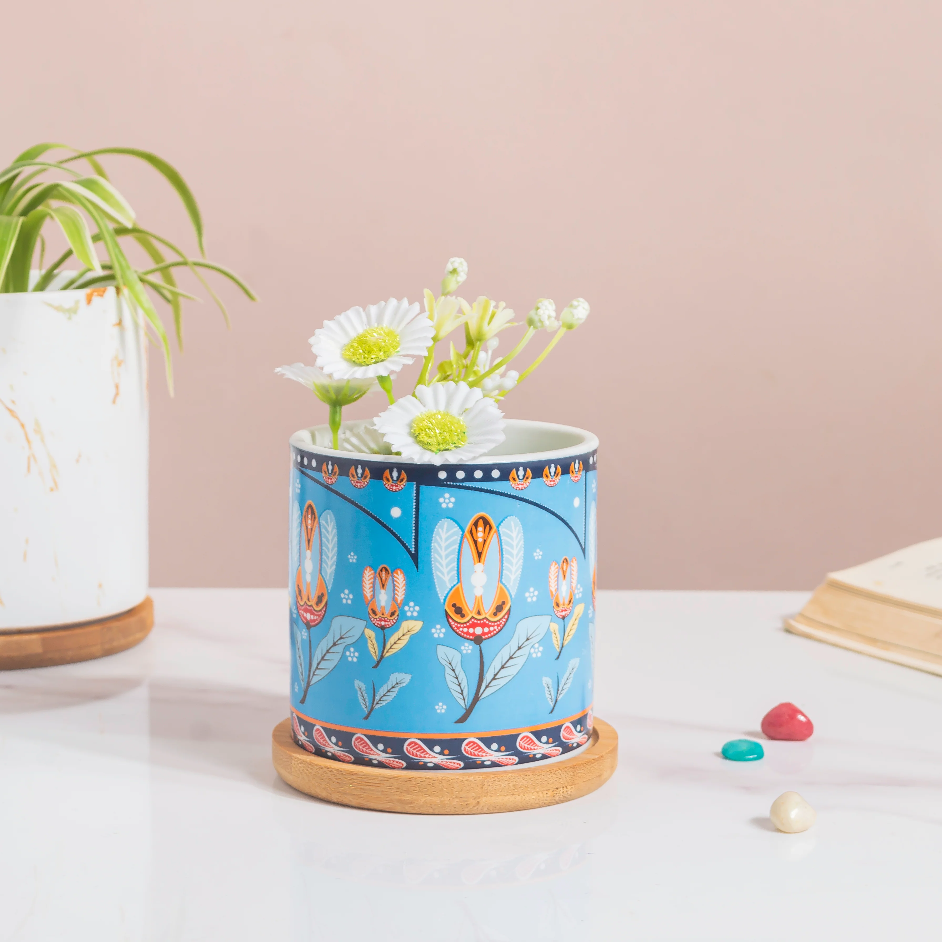 Cerulean Leaf Bloom Planter With Wooden Coaster