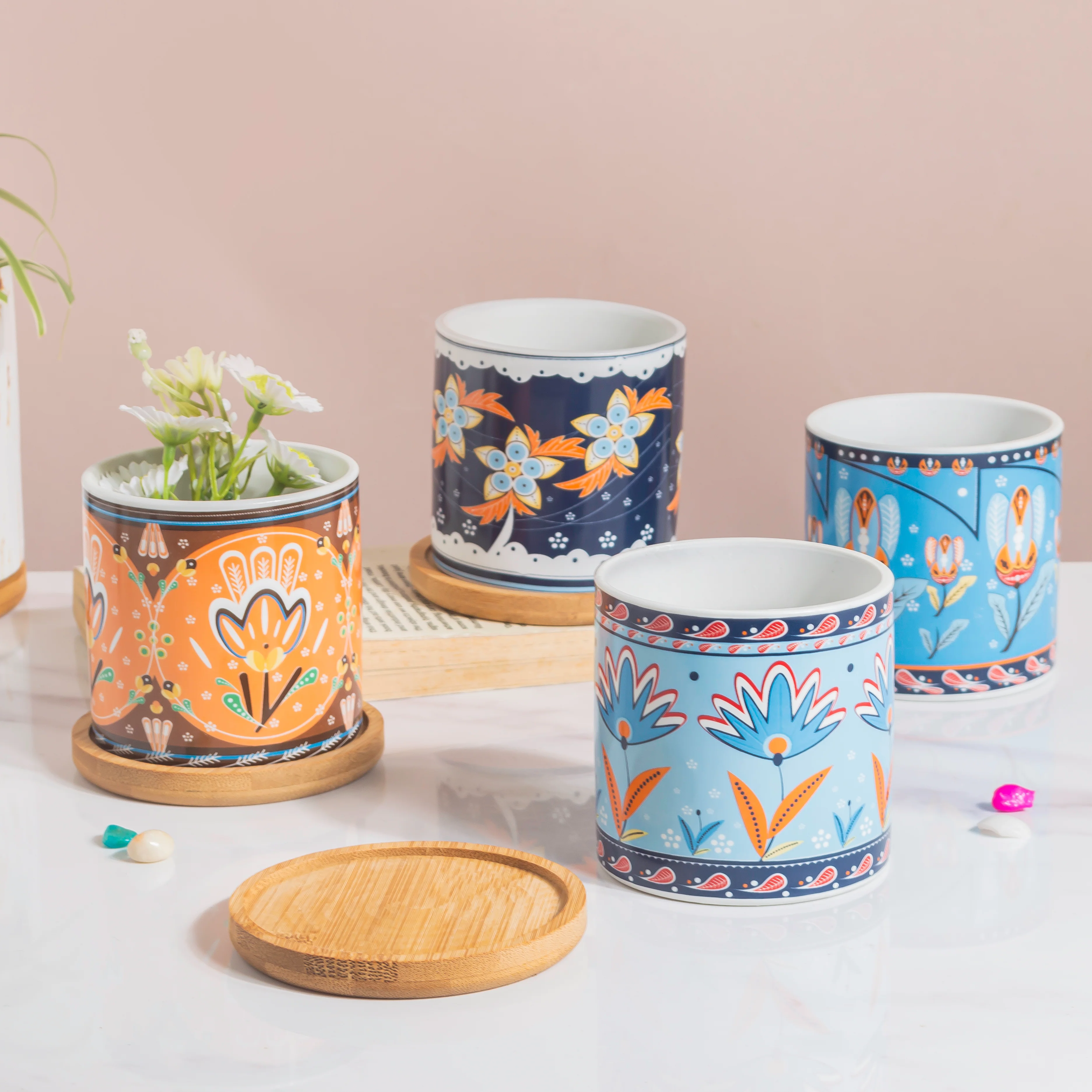 Cerulean Leaf Bloom Planter With Wooden Coaster - Image 10