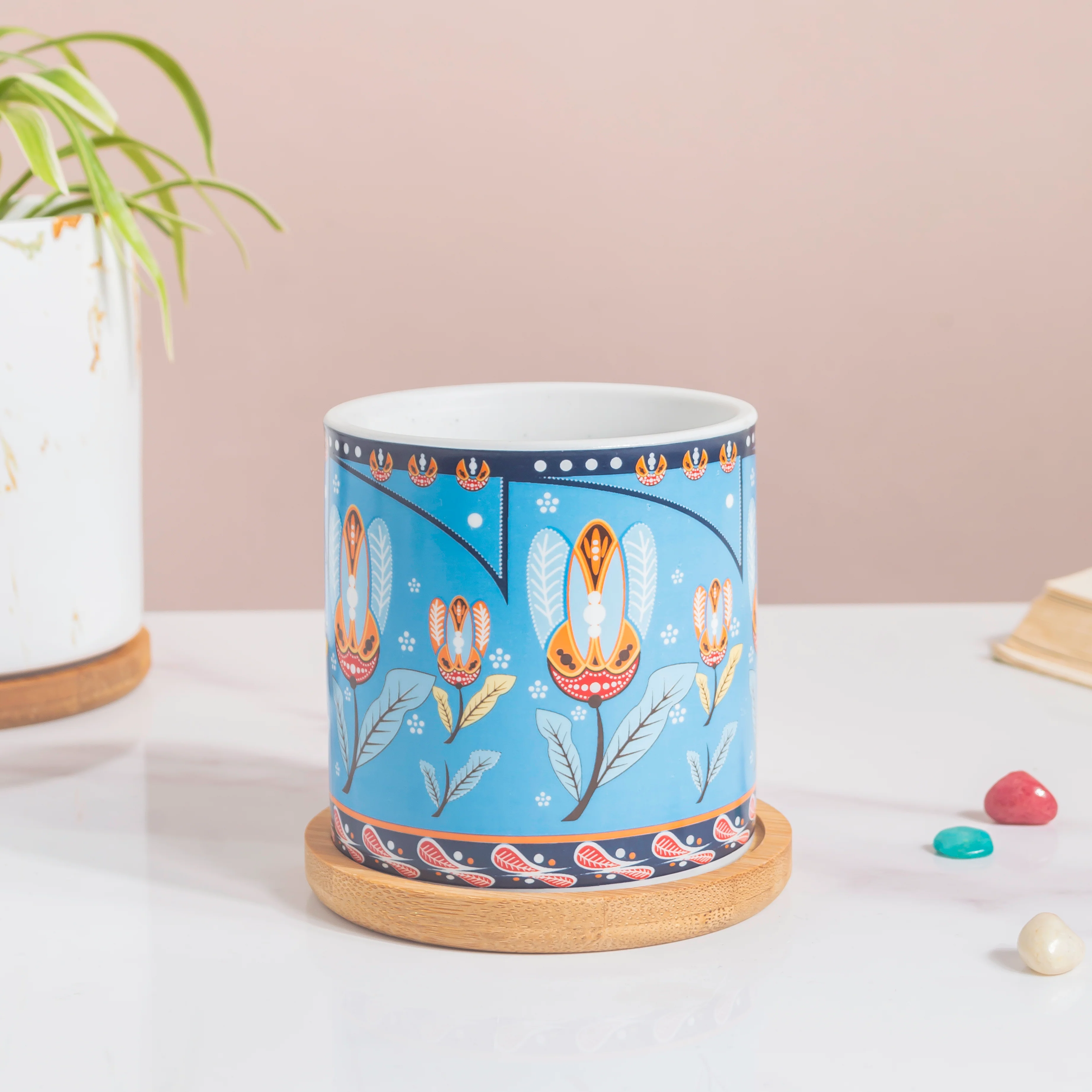 Cerulean Leaf Bloom Planter With Wooden Coaster - Image 5