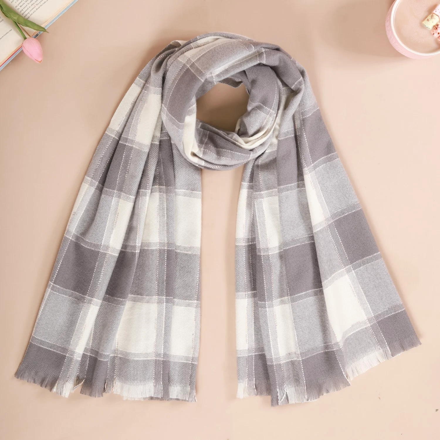 Checked Warm Shawl Scarf Grey