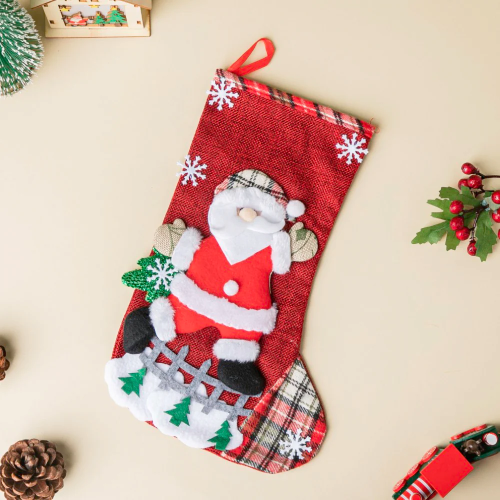 Checkered Santa Claus Christmas Stocking Red 11.5 Inch - Image 4
