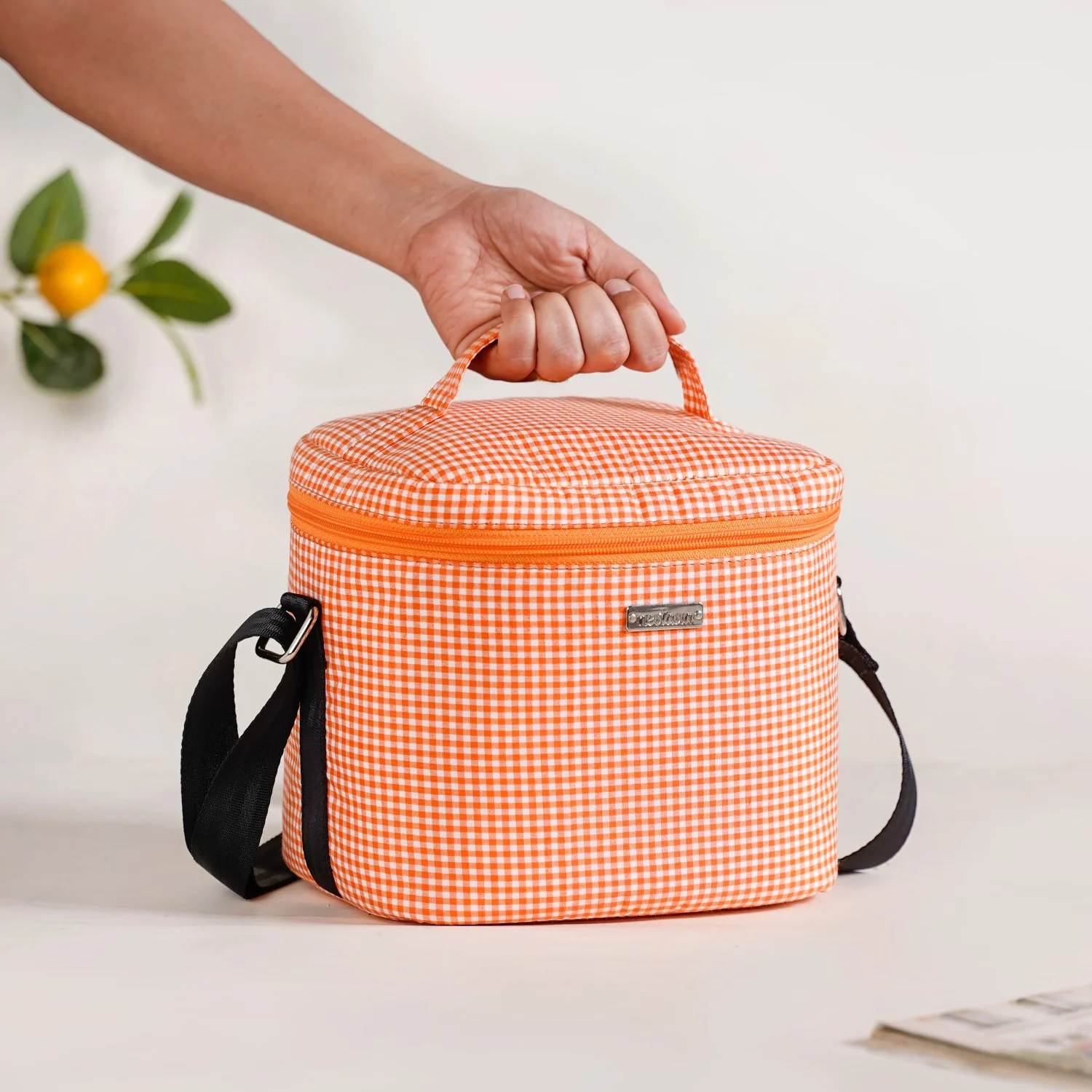 Checkered Thermal Lunch Bag Lunch Box Set Orange - Image 6