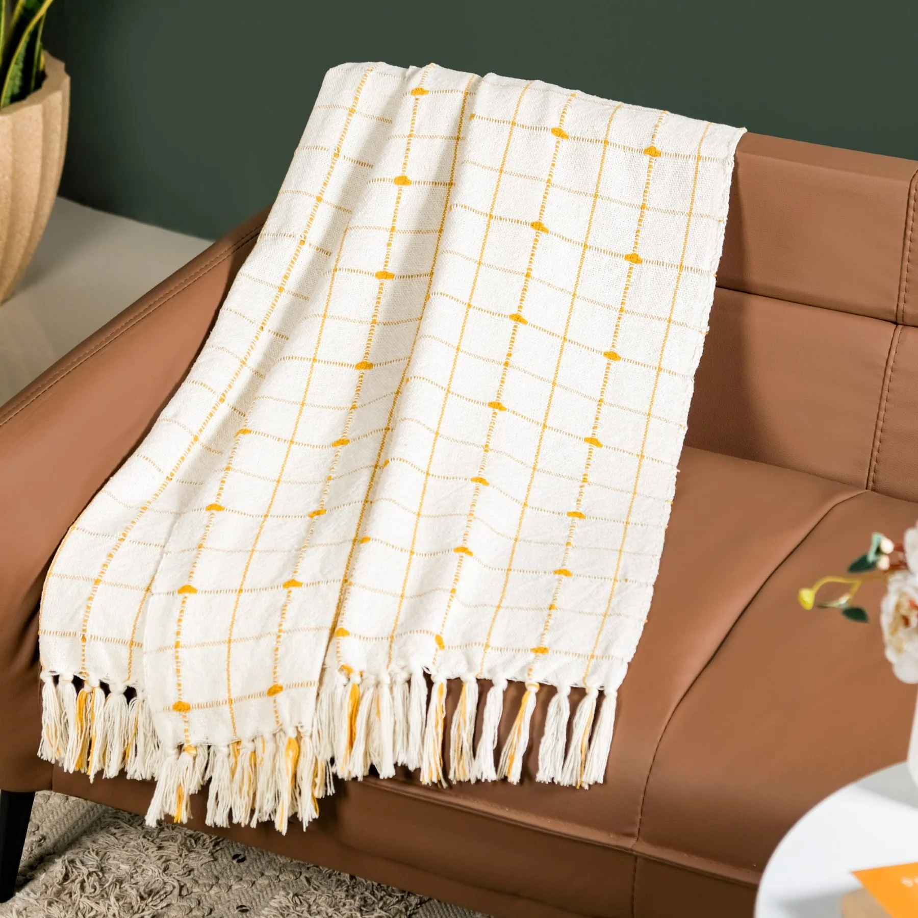 Checkered White And Mustard Yellow Tassel Cotton Throw - Image 3