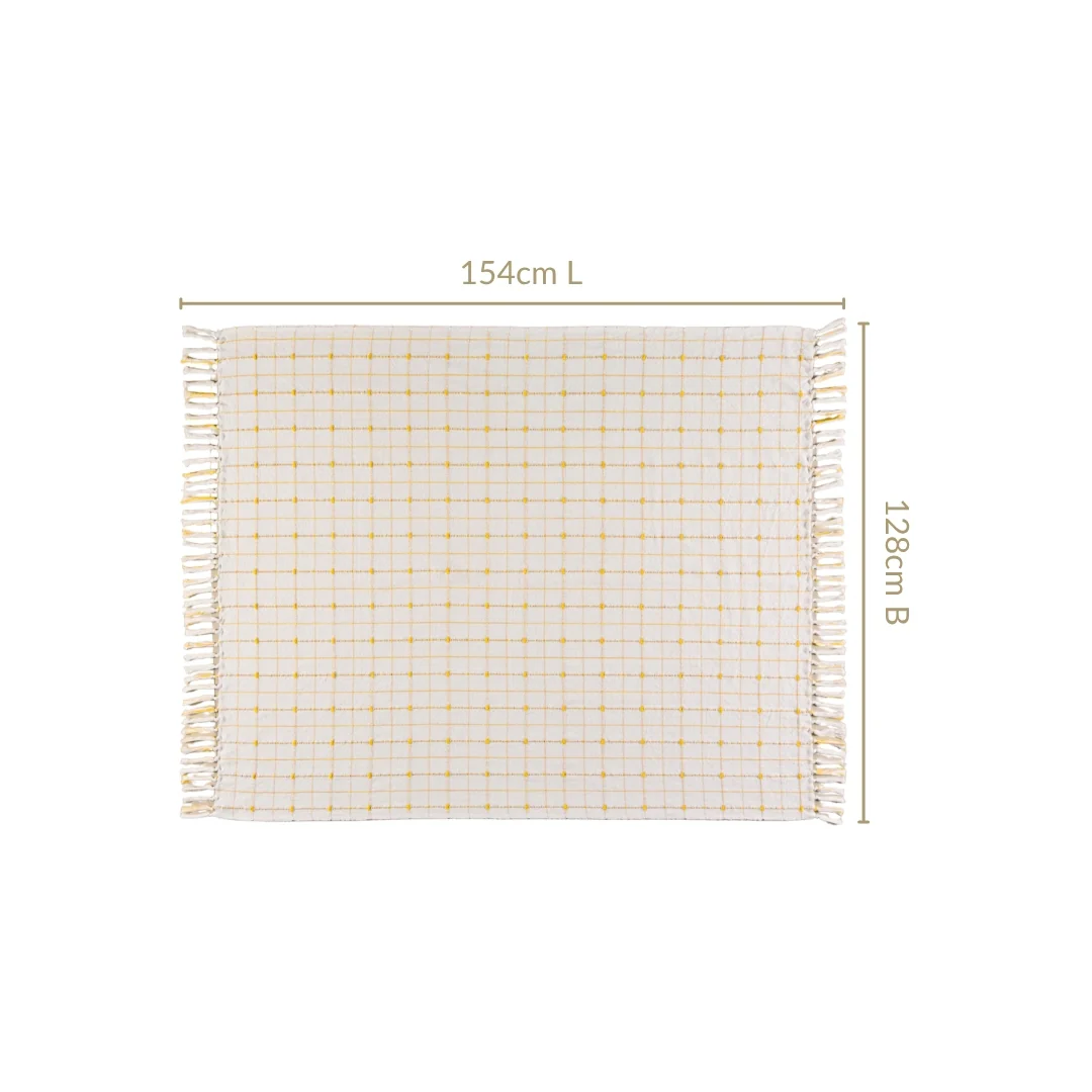 Checkered White And Mustard Yellow Tassel Cotton Throw - Image 4