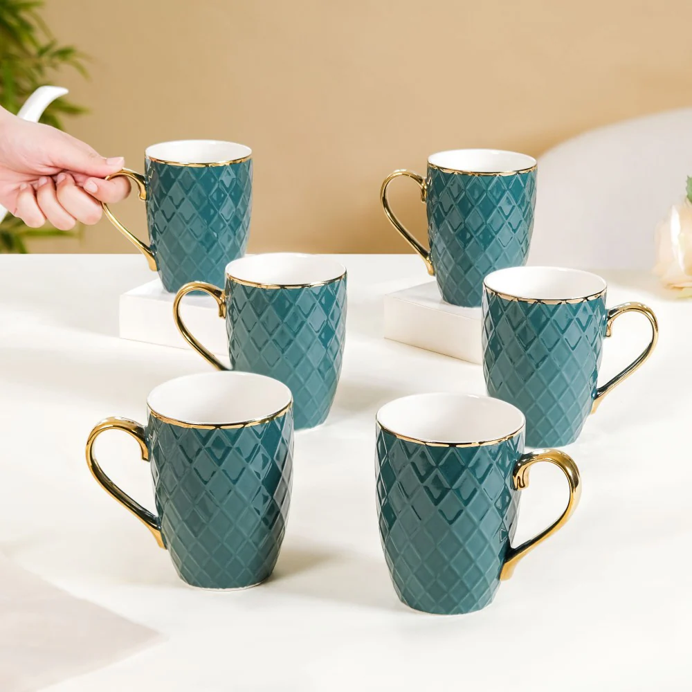 Checks Embossed Cup Set of 6 Green 330ml - Image 2