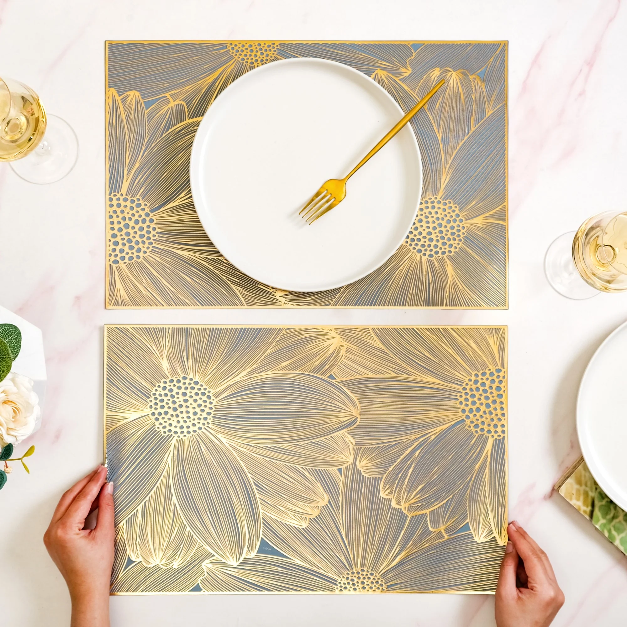 Chic Flower Rectangle Table Mat Set Of 6 Gold Blue - Image 2