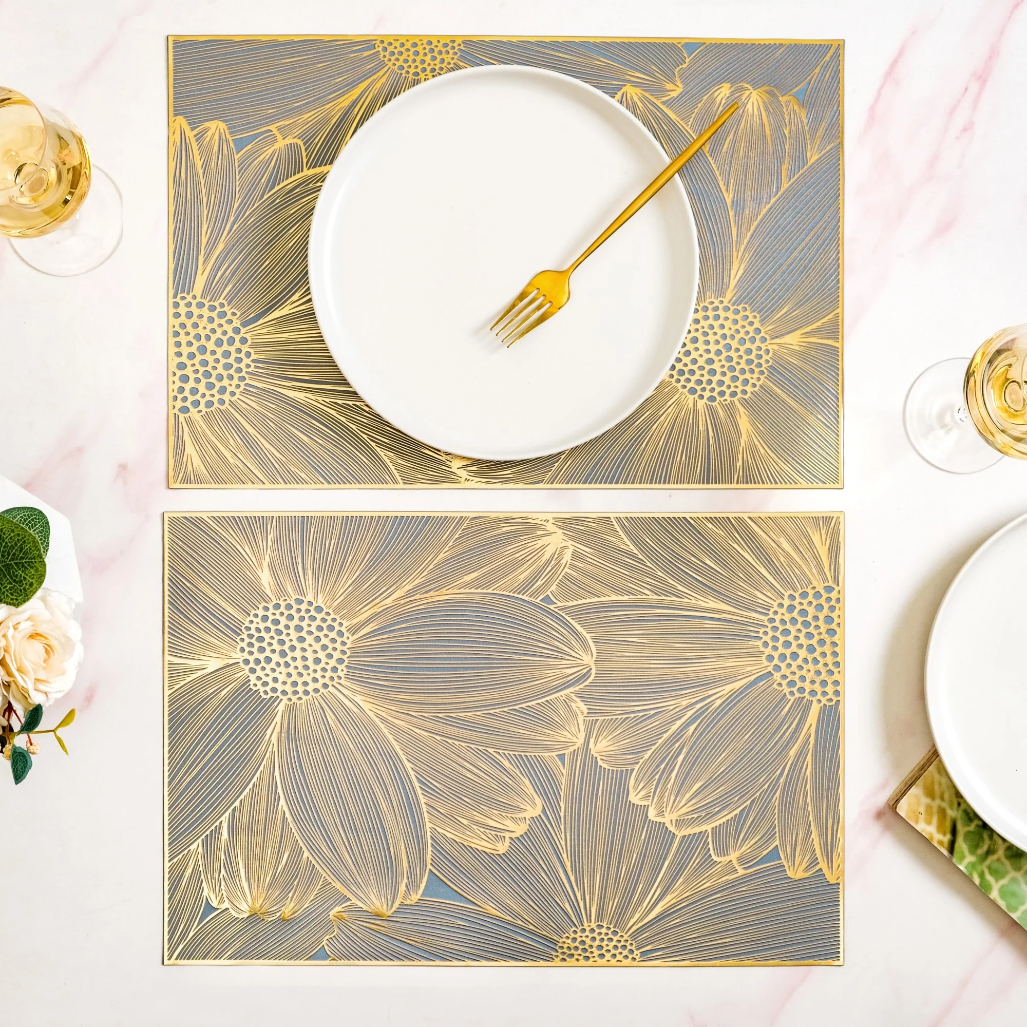 Chic Flower Rectangle Table Mat Set Of 6 Gold Blue - Image 7