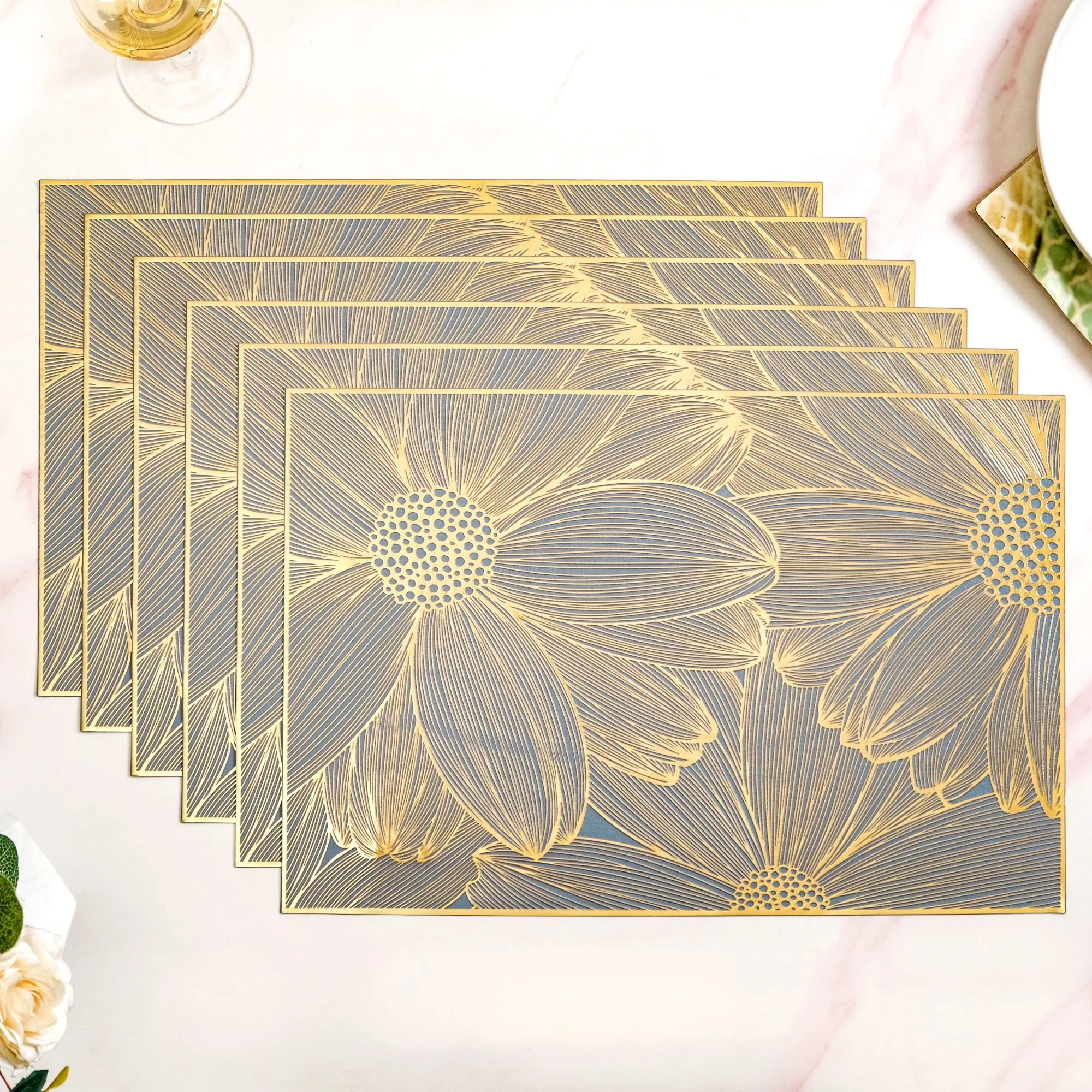 Chic Flower Rectangle Table Mat Set Of 6 Gold Blue - Image 8