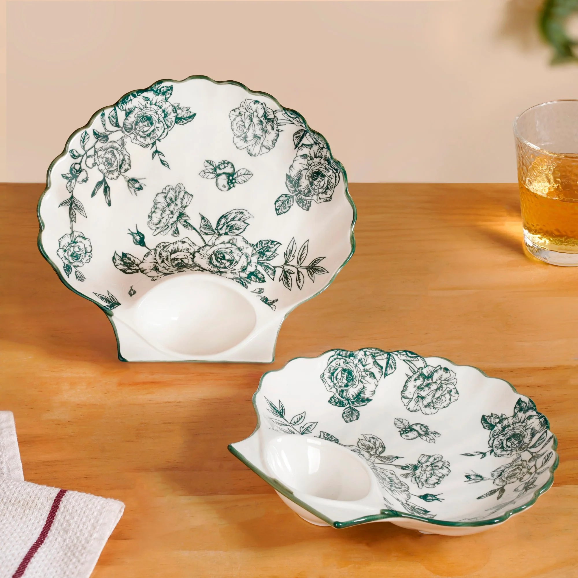 Chinoiserie Green Ceramic Section Plates Set Of 2