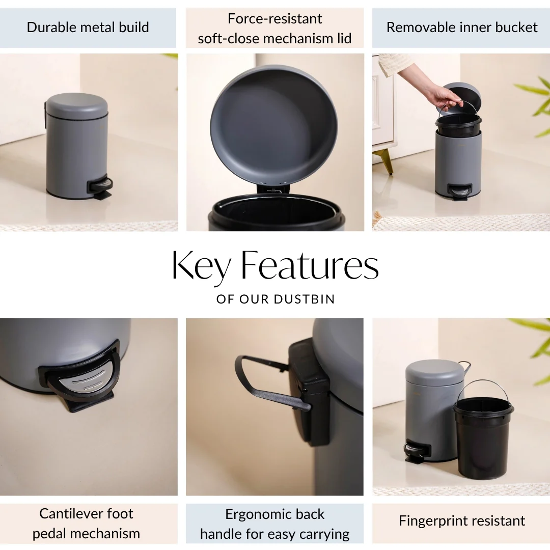 Clean Curve Dustbin With Removable Bucket Grey 3000ml - Image 5