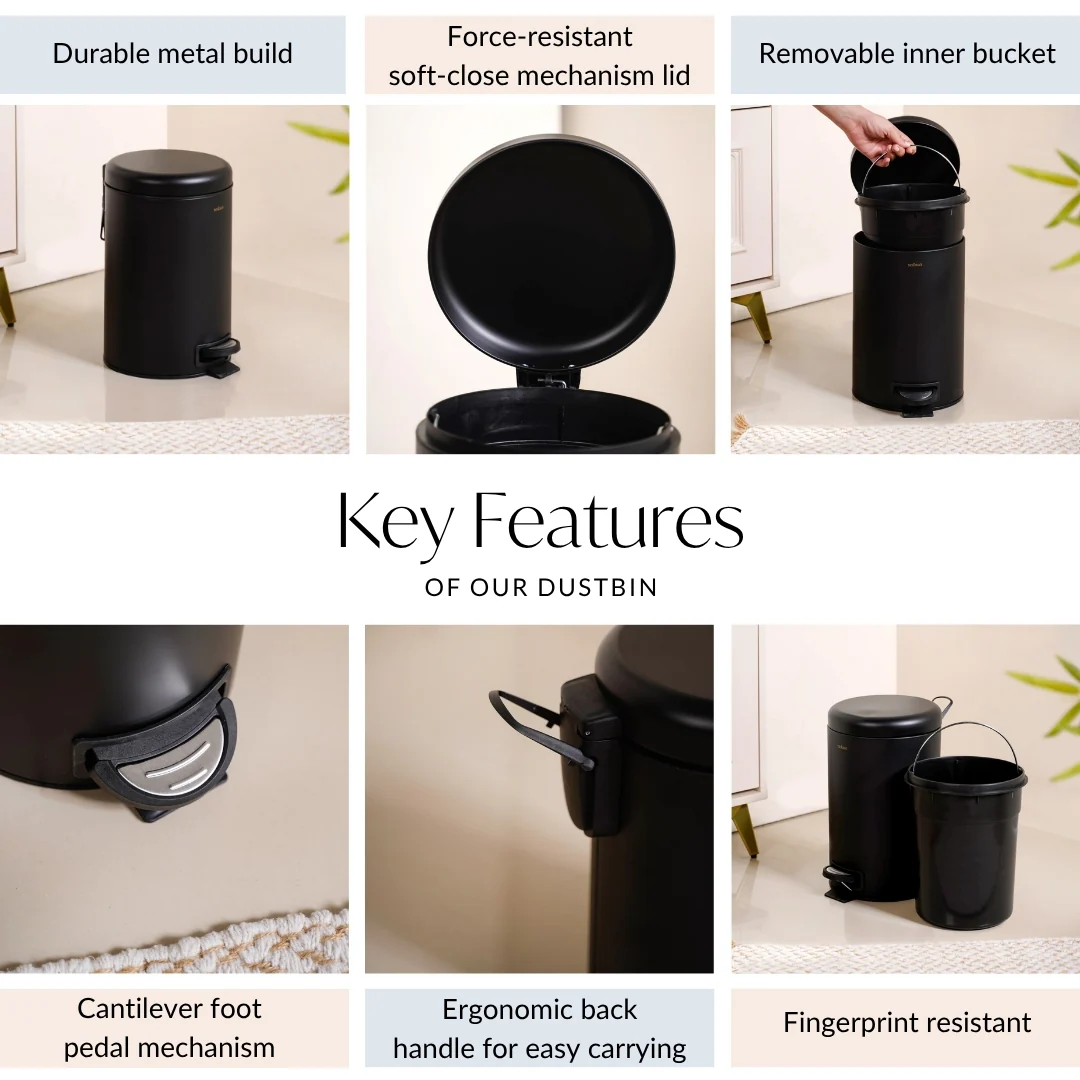 Clean Curve Metal Dustbin With Removable Bucket Black 7000ml - Image 5